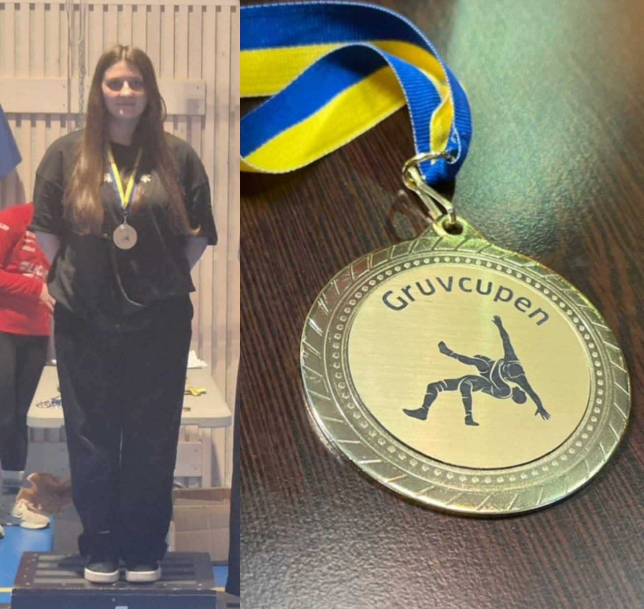 Колаж із двох фотографій: ліворуч — спортсменка на п'єдесталі з медаллю на грудях, праворуч — золота медаль турніру «Gruvcupen» із синьо-жовтою стрічкою та зображенням борців.