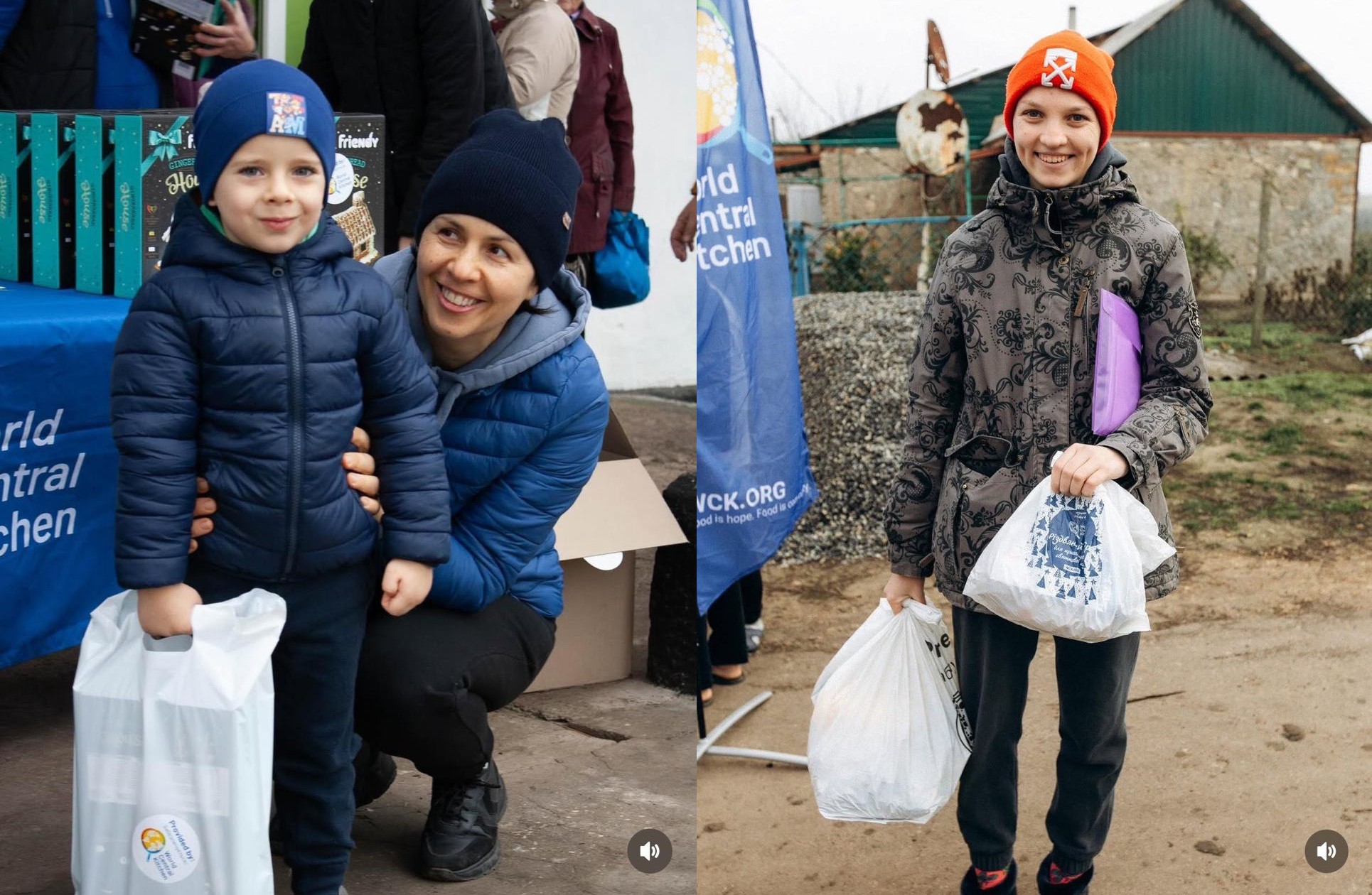 Колаж із двох фотографій. На першій — усміхнена жінка обіймає хлопчика, який тримає білий благодійний пакунок. На другій — дівчина в помаранчевій шапці стоїть на вулиці з двома білими пакетами допомоги від «World Central Kitchen». На фоні видно прапор організації та сільську місцевість.