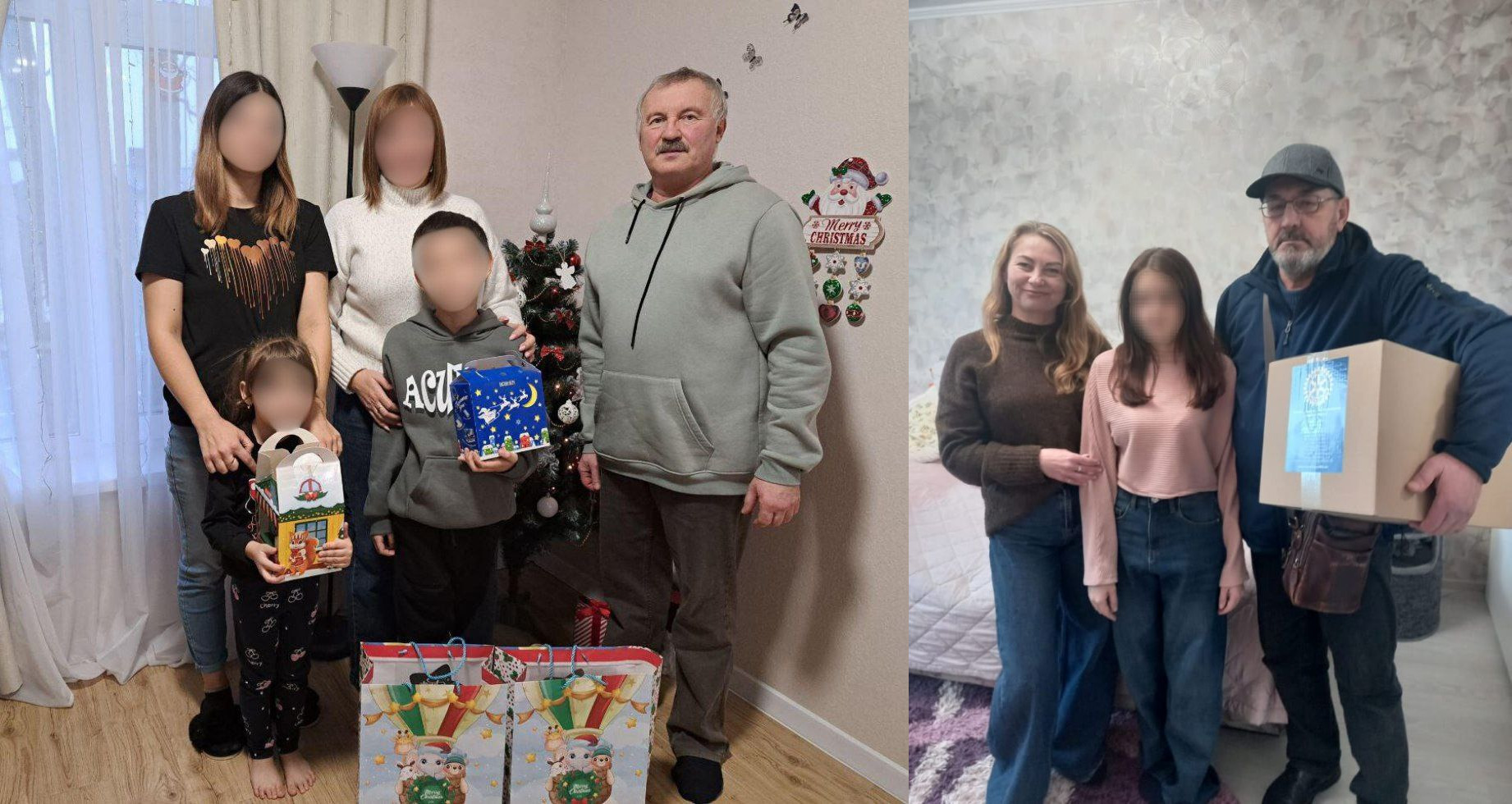 Колаж із двох фотографій, на яких зображені сім’ї з дітьми у домашній обстановці. На лівому фото родина стоїть біля новорічної ялинки з подарунками в руках; на правому — троє людей тримають велику картонну коробку.