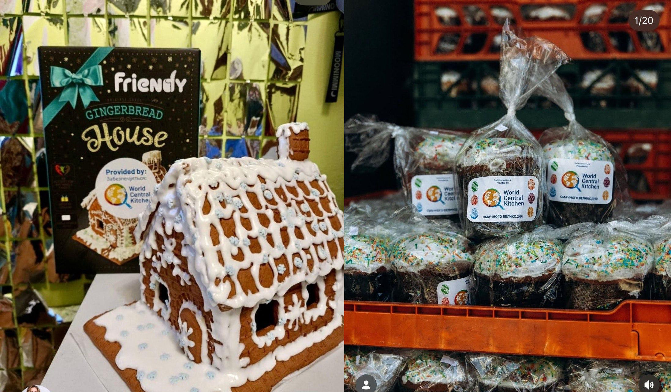 Колаж із двох фотографій, що демонструють святкову гуманітарну допомогу від World Central Kitchen. На лівому фото — великий пряниковий будиночок, прикрашений білою глазур'ю, поруч із коробкою-набором для його створення. На правому фото — пакунки зі святковою випічкою (пасками), складені у пластикові ящики. На всіх пакуваннях розміщено логотип благодійної організації.