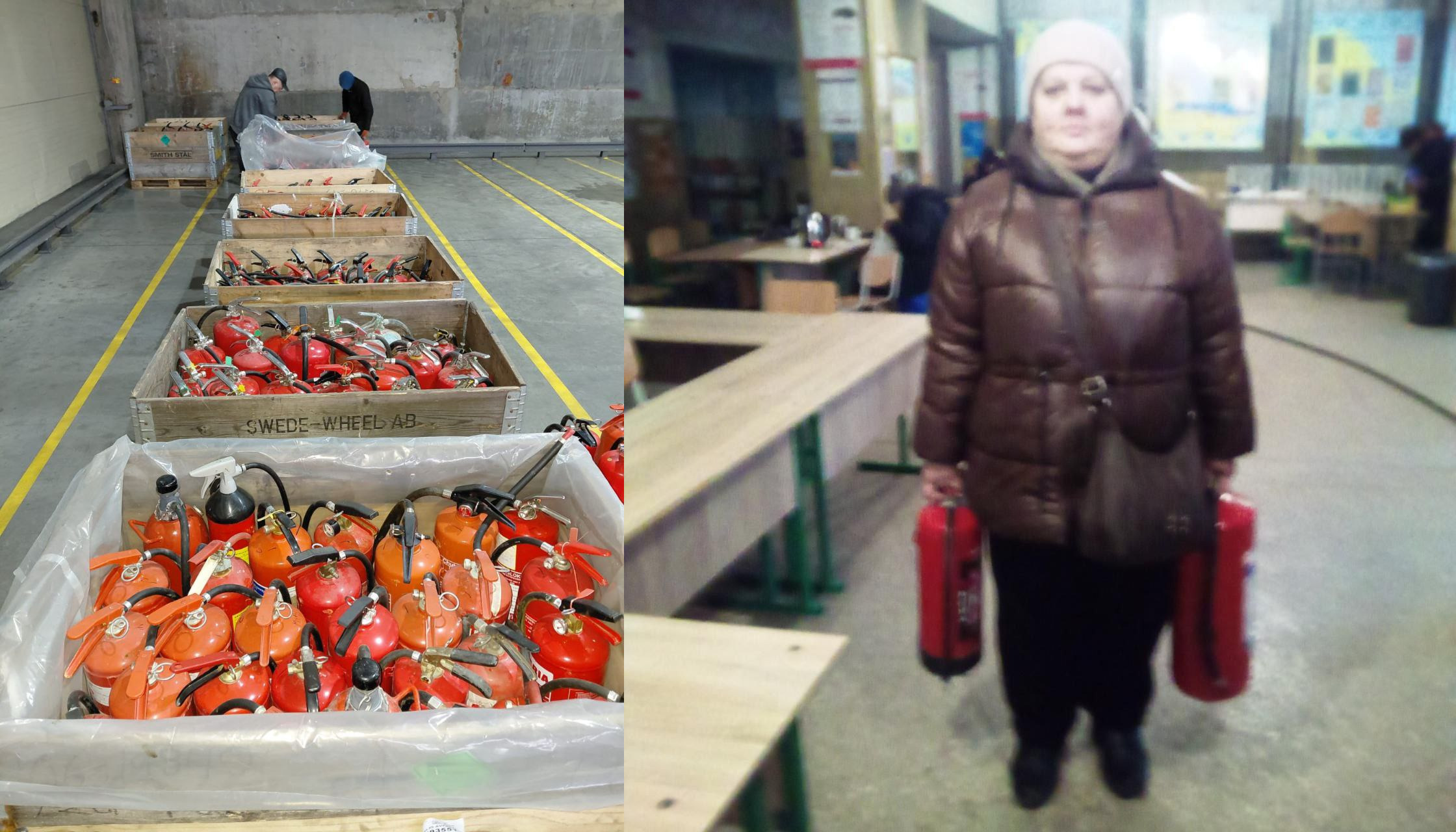 Колаж із двох фотографій, що ілюструють процес логістики та отримання вогнегасників. На лівому фото зображено складське приміщення з довгим рядом великих дерев’яних ящиків, наповнених червоними та помаранчевими вогнегасниками. На правому фото людина в коричневій куртці тримає по одному вогнегаснику в кожній руці, знаходячись у приміщенні зі столами.