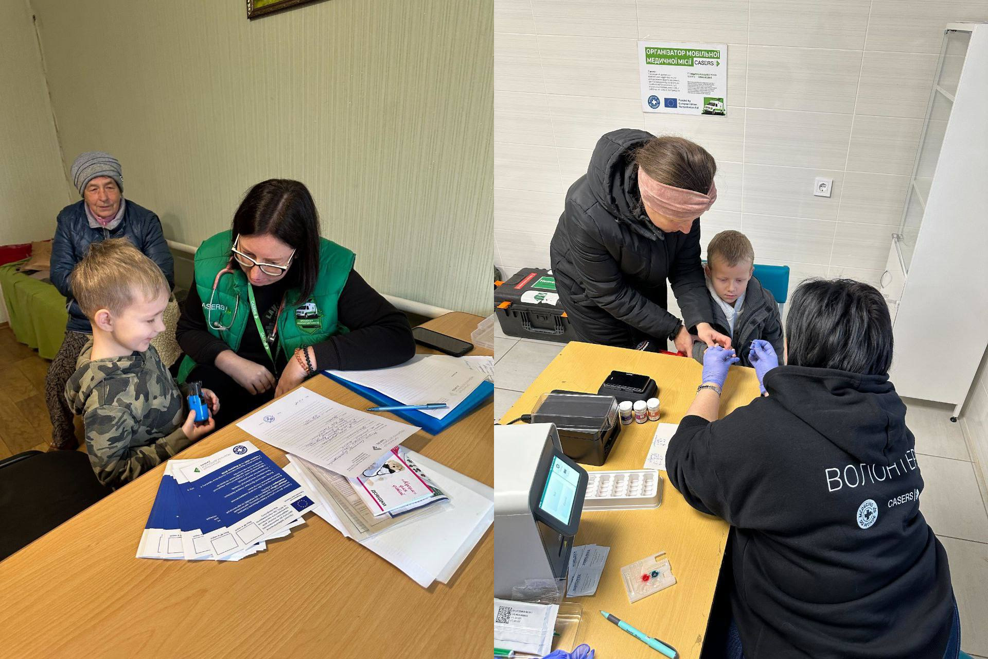 Два окремі кадри, що демонструють надання медичної допомоги: ліворуч лікарка-педатриня в жилеті консультує хлопчика та літню жінку, а праворуч медична працівниця бере кров з пальця іншого хлопчика, поруч з яким стоїть жінка.