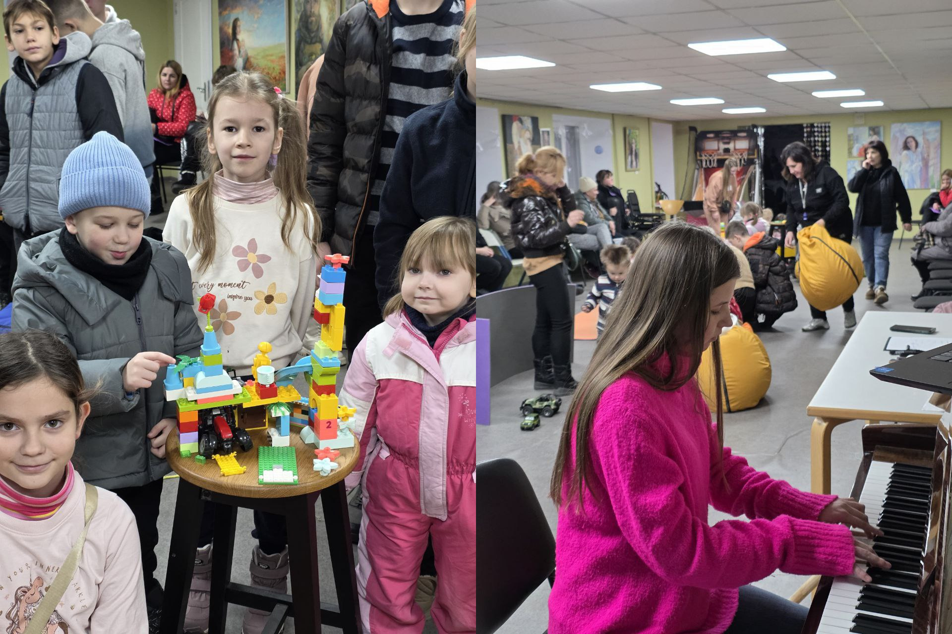 Колаж із двох фотографій, що ілюструють дозвілля дітей у приміщенні хабу. На лівому фото четверо дітей стоять біля табурета, на якому зібрана складна конструкція з різнокольорового конструктора LEGO. На правому фото дівчина в яскраво-рожевому светрі грає на піаніно на фоні загальної кімнати з іншими відвідувачами.