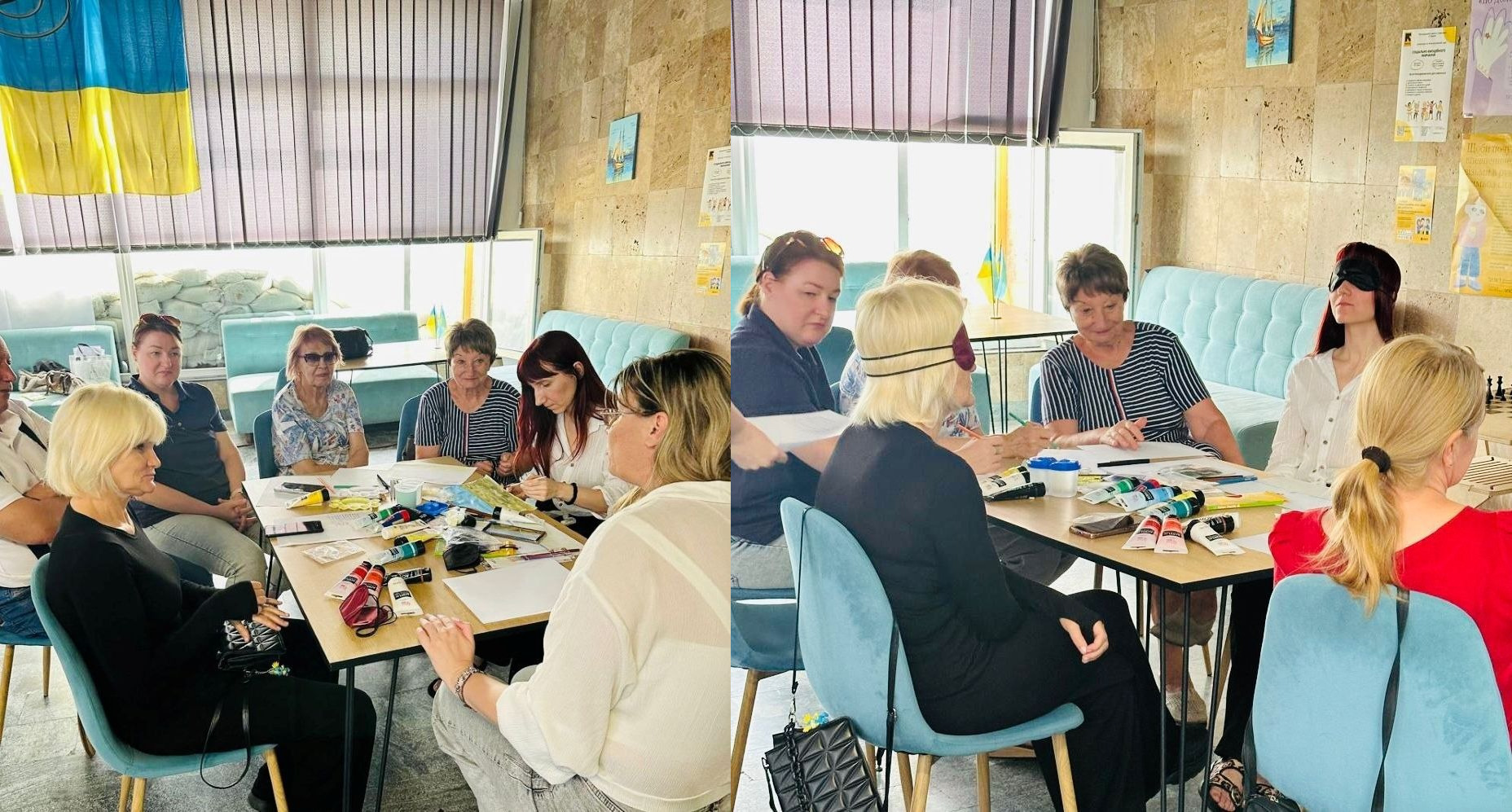 Колаж із двох фотографій, які ілюструють практичну частину документальної аудіальної виставки «Справжній степ» для переселенців із Херсонщини в миколаївському координаційному центрі «Вільні разом». На лівому знімку група жінок та чоловік сидять навколо довгого дерев'яного столу, на якому розкладено великі тюбики з різнокольоровими художніми фарбами, пензлі та аркуші паперу для творчої рефлексії. Вони уважно слухають організаторку в білій сорочці та світлих джинсах. На правому знімку зафіксовано процес психологічного занурення: дві учасниці виставки сидять за столом із щільними темними пов'язками на очах, що допомагає їм краще сконцентруватися на відтворених звуках таврійського степу та заповідника «Асканія-Нова». Інші жінки спостерігають за ними та роблять нотатки.