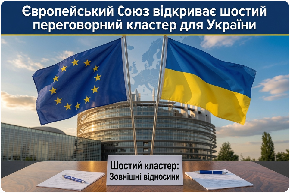 Інформаційно-презентаційний банер, присвячений інтеграційним процесам між Україною та Європейським Союзом. Візуальна композиція поєднує фотоілюстрацію офіційної локації та текстові інформаційні блоки. У верхній частині банера на темно-синьому горизонтальному плашці-смузі великим білим жирним шрифтом нанесено головний заголовок новості: «Європейський Союз відкриває шостий переговорний кластер для України». Центральну частину кадру займає фотоколаж: На передньому плані на дерев'яному столі встановлено два великі схрещені настільні прапори на металевих флагштоках — прапор Європейського Союзу (синє полотнище з колом із 12 золотих зірок) ліворуч та державний прапор України (синьо-жовте полотнище) праворуч. Прапори виглядають об'ємними й розвіваються. По центру столу між прапорами встановлено білу табличку-табличку з чітким чорним написом у два рядки: «Шостий кластер: Зовнішні відносини». Ліворуч і праворуч на столі розкладено офіційні паперові документи-угоди, на кожному з яких лежить по одній синій кульковій ручці для підписання. Тлом для композиції слугує велика сучасна скляна напівкругла будівля Європейського парламенту у Страсбурзі під вечірнім хмарним небом у променях сонця. Безпосередньо за прапорами накладено напівпрозорий світлий контур мапи Європи.