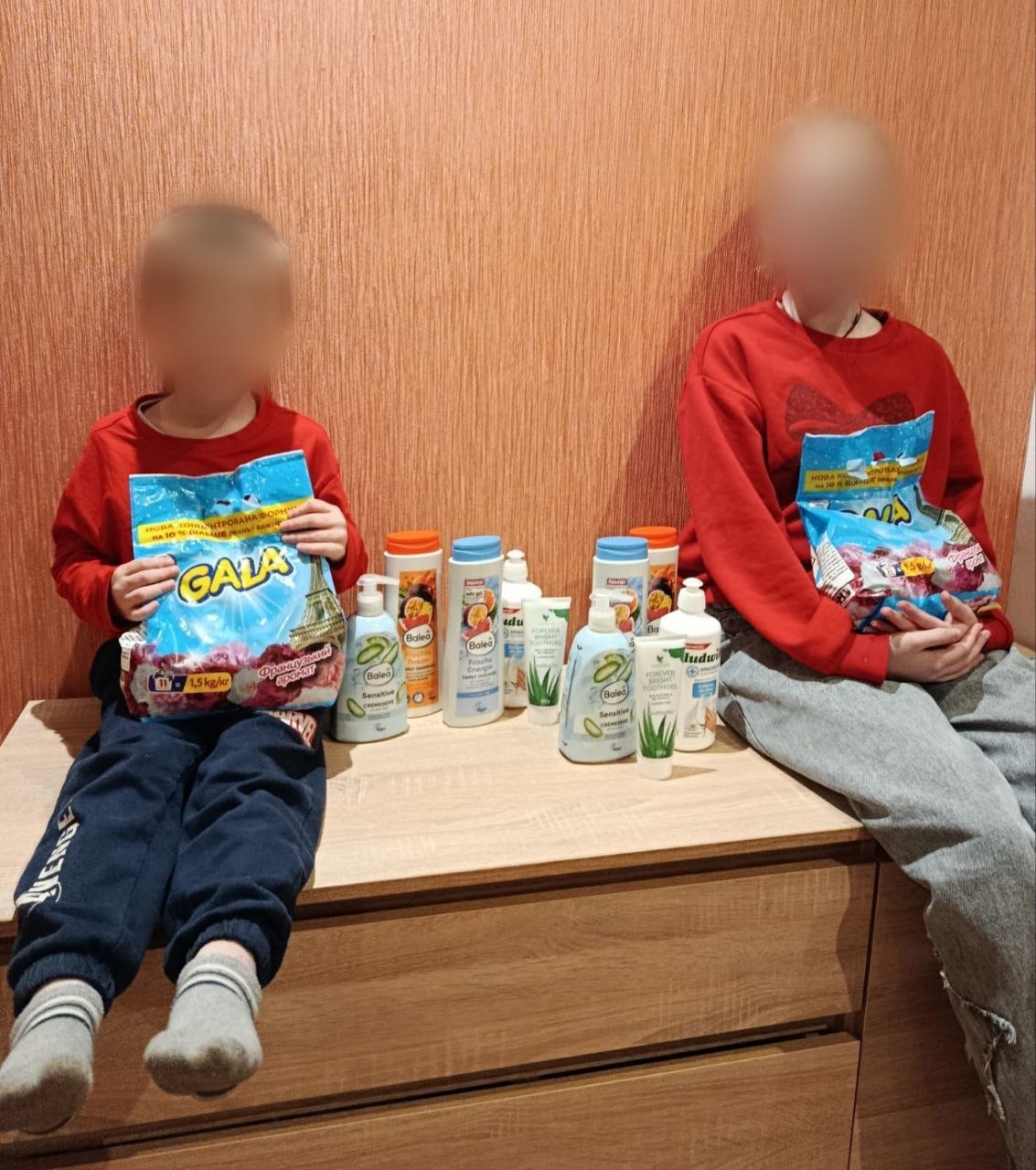 Двоє дітей сидять на дерев'яному комоді на фоні бежевої стіни в кімнаті, тримаючи в руках пакети з пральним порошком Gala. Між ними на поверхні комода вишикувані засоби особистої гігієни та побутової хімії: рідке мило з дозатором, шампуні Balea, зубна паста з алое та мийні засоби Ludwik. Обличчя дітей розмиті для збереження конфіденційності.