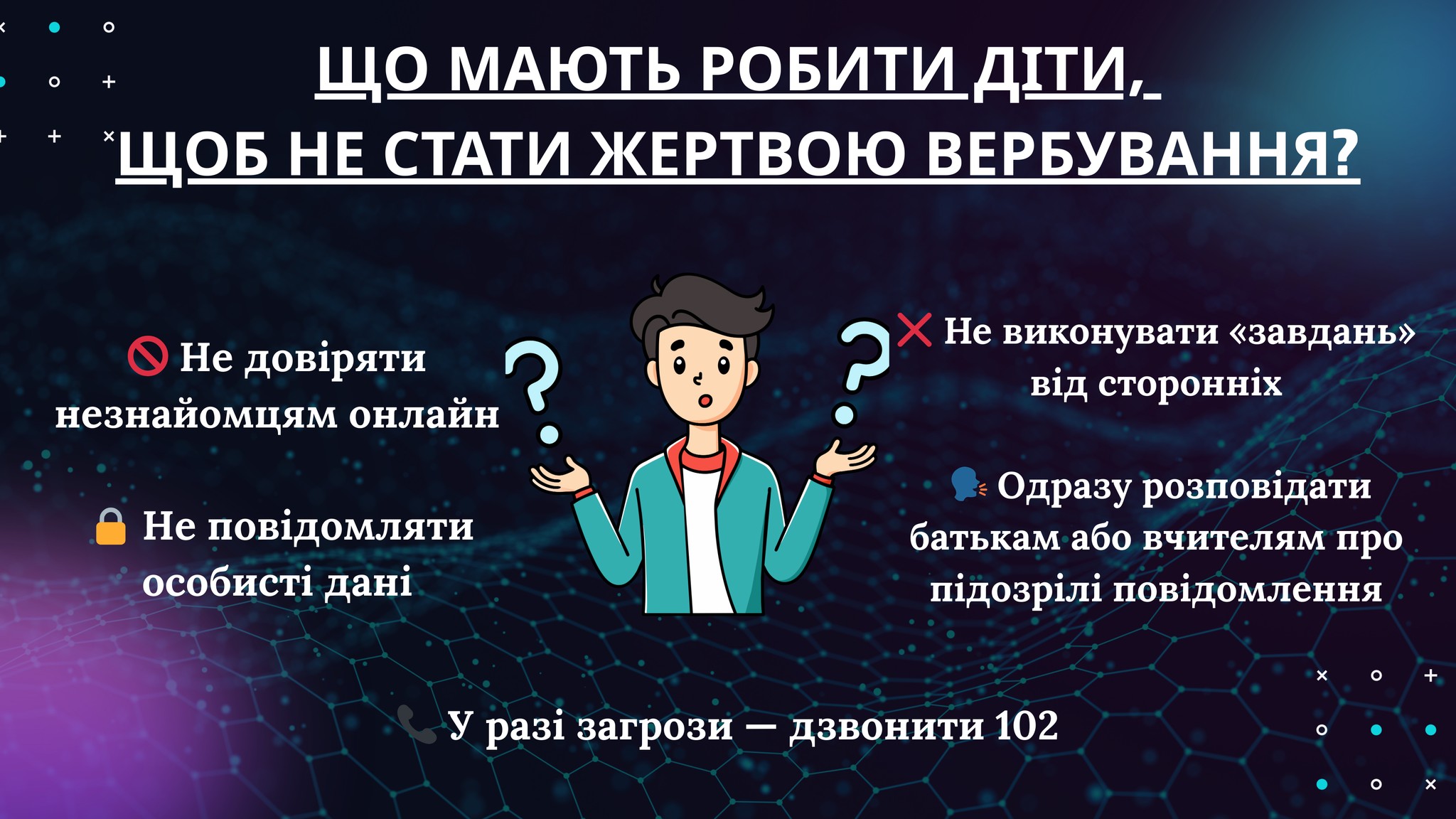 Інфографіка Ювенальної поліції з порадами для дітей, як не стати жертвою вербування: не довіряти незнайомцям онлайн, не повідомляти особисті дані, не виконувати сторонніх «завдань» та одразу розповідати про підозрілі повідомлення дорослим. У центрі зображено здивованого хлопчика зі знаками питання, а внизу вказано номер 102.