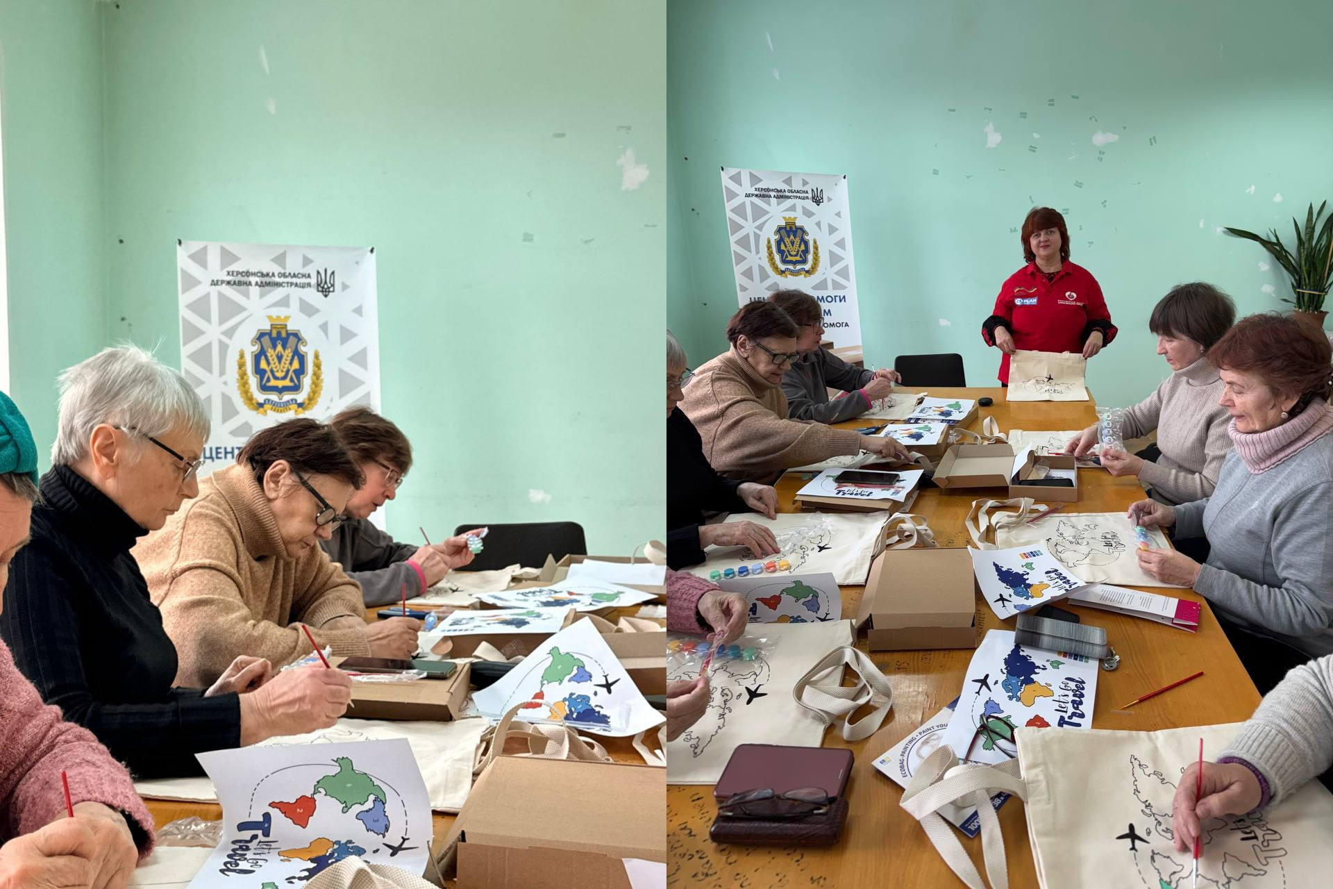 Колаж із двох фото, де жінки похилого віку беруть участь у творчому майстер-класі. Вони сидять за довгим столом у світлій кімнаті та розмальовують фарбами екосумки. На фоні стоїть банер Херсонської обласної державної адміністрації.