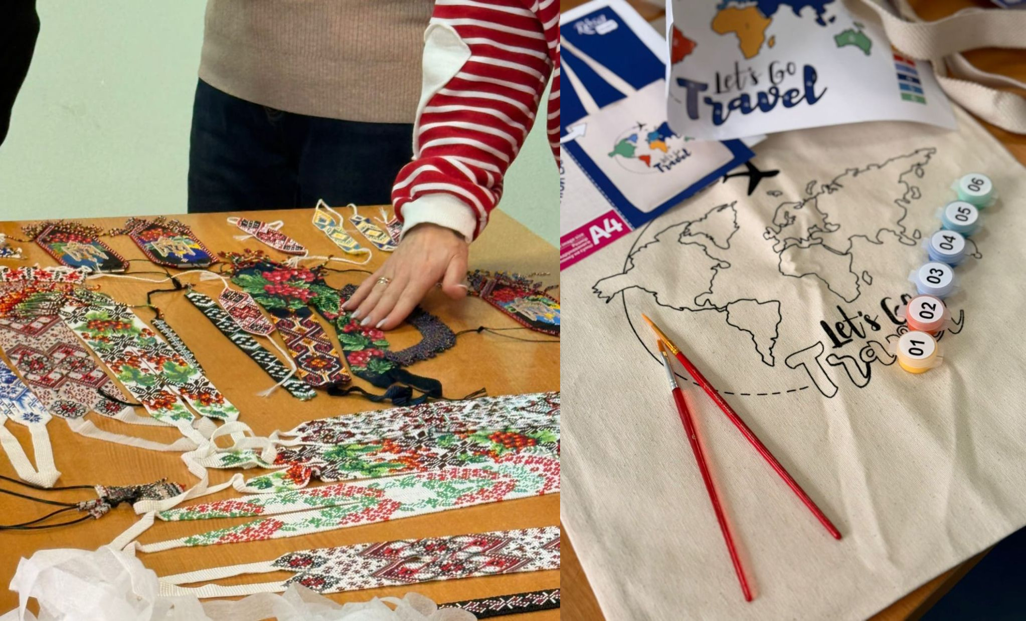 Колаж із двох фото: зліва — на столі розкладено різнокольорові гердани з бісеру з етнічними візерунками; справа — творчий набір для розпису екосумки, що включає сумку з контуром мапи світу, фарби та пензлі.