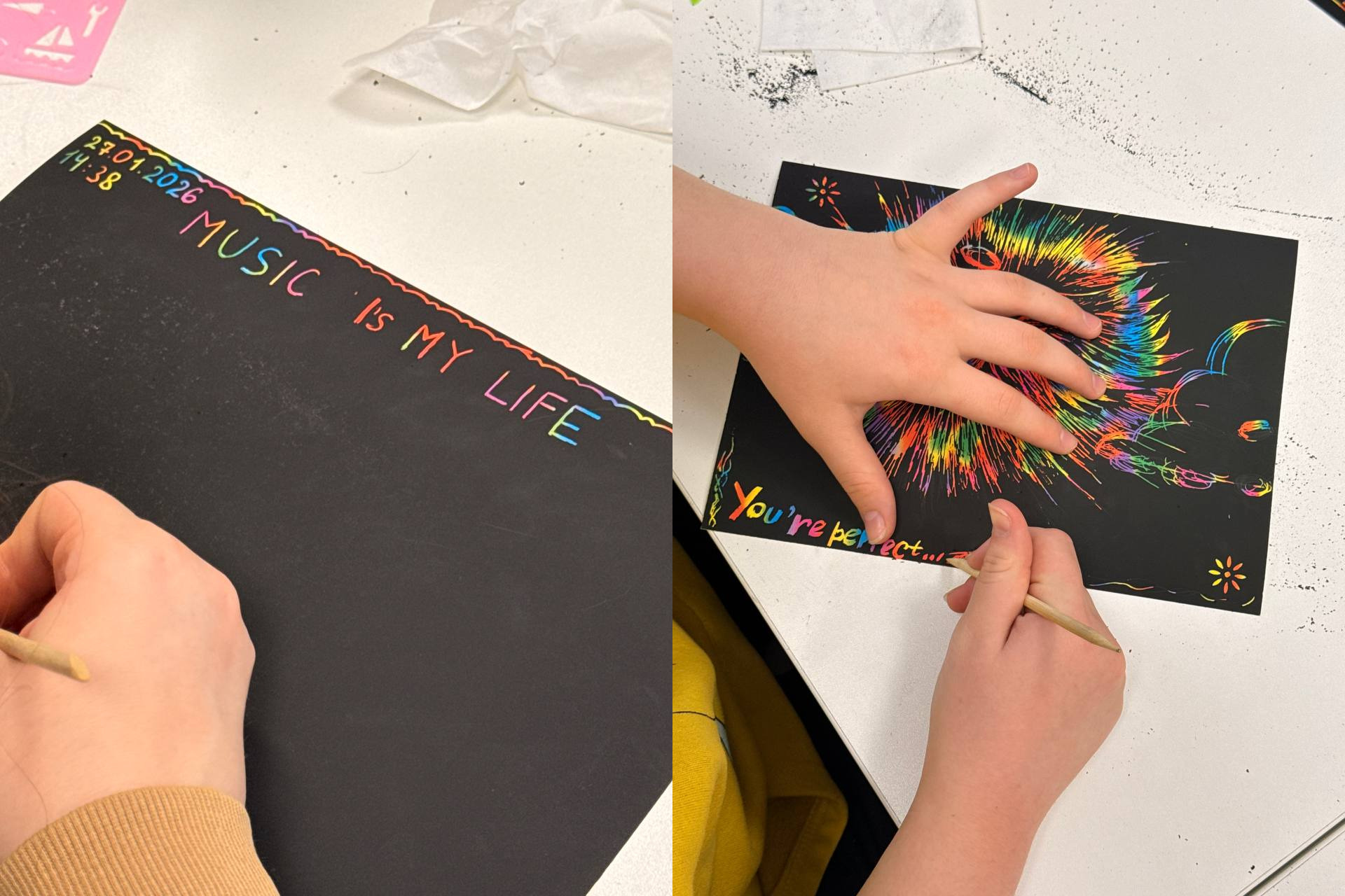 Колаж із двох фотографій, на яких зображено процес творчості в техніці граттаж.