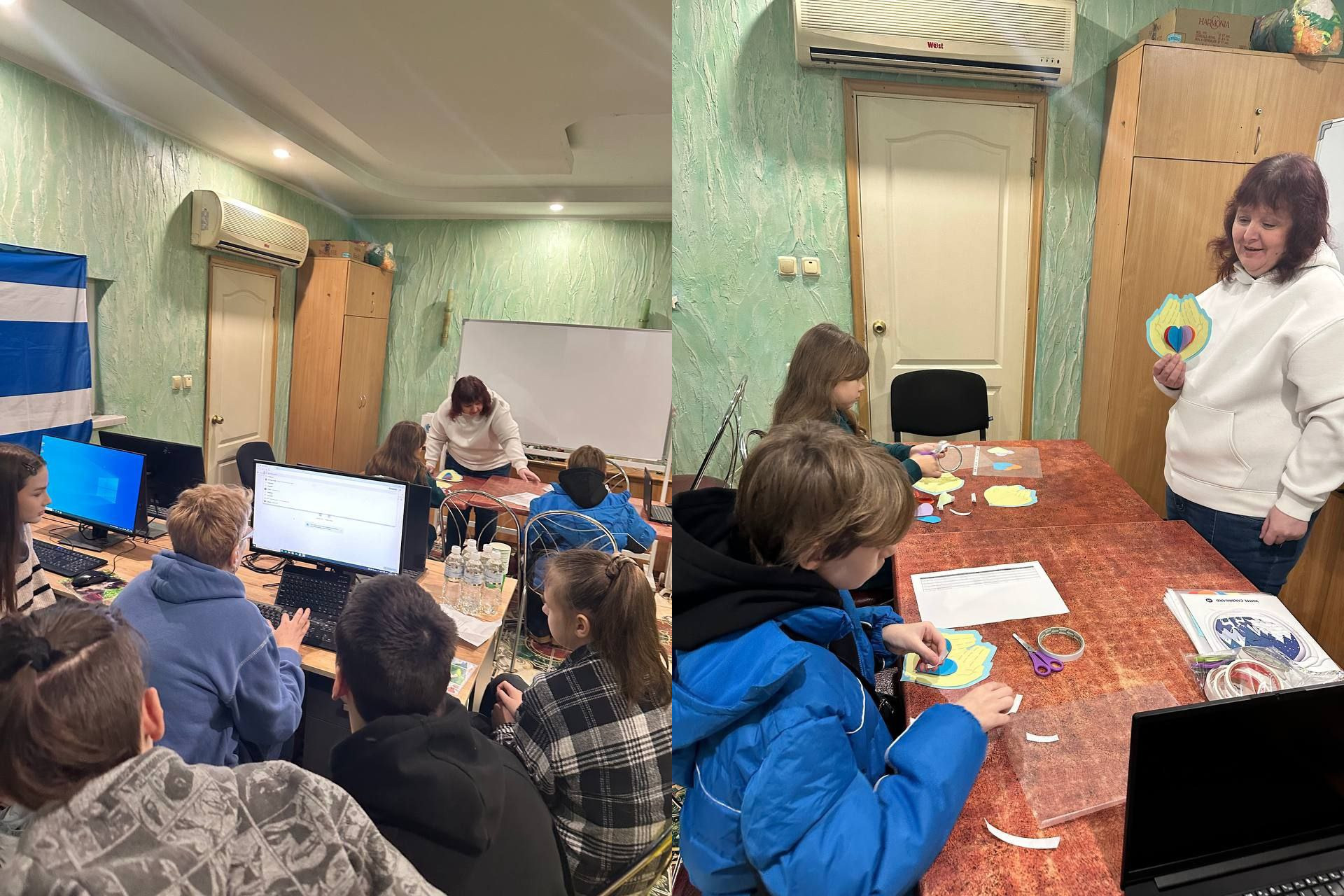 Колаж із двох світлин, що демонструють освітньо-дозвіллєву діяльність для дітей та молоді: на одній частині група підлітків працює за комп'ютерами в офісному приміщенні, на іншій — діти разом із дорослою жінкою займаються творчістю, виготовляючи паперові аплікації у формі серця.