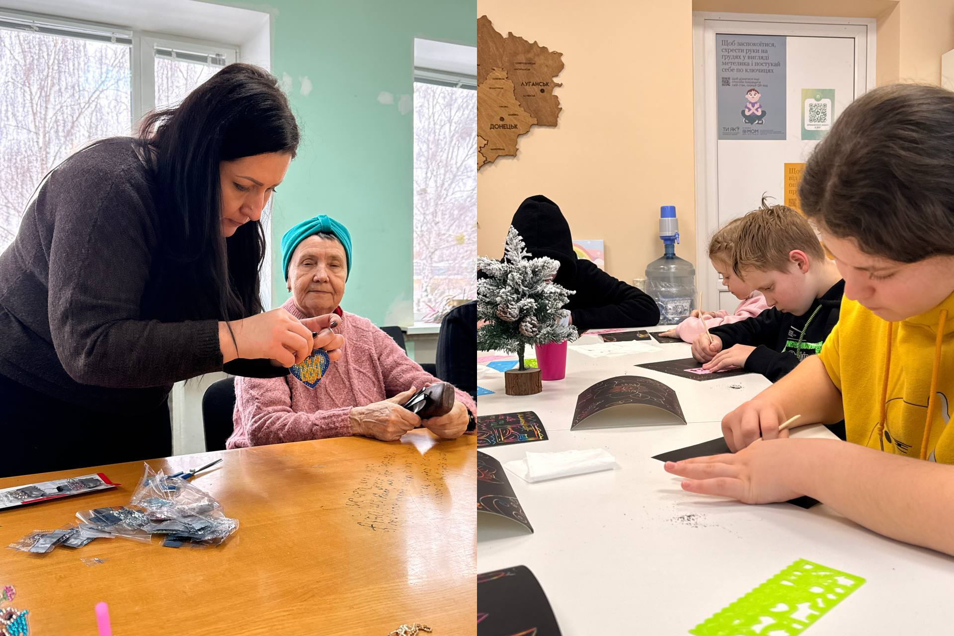 Колаж із двох фотографій, що ілюструють творчий процес. На лівій частині жінка допомагає літній пані виготовляти патріотичний виріб із бісеру у формі серця. На правій частині діти та дорослі зосереджено працюють над малюнками в техніці граттаж за довгим столом у світлій кімнаті.