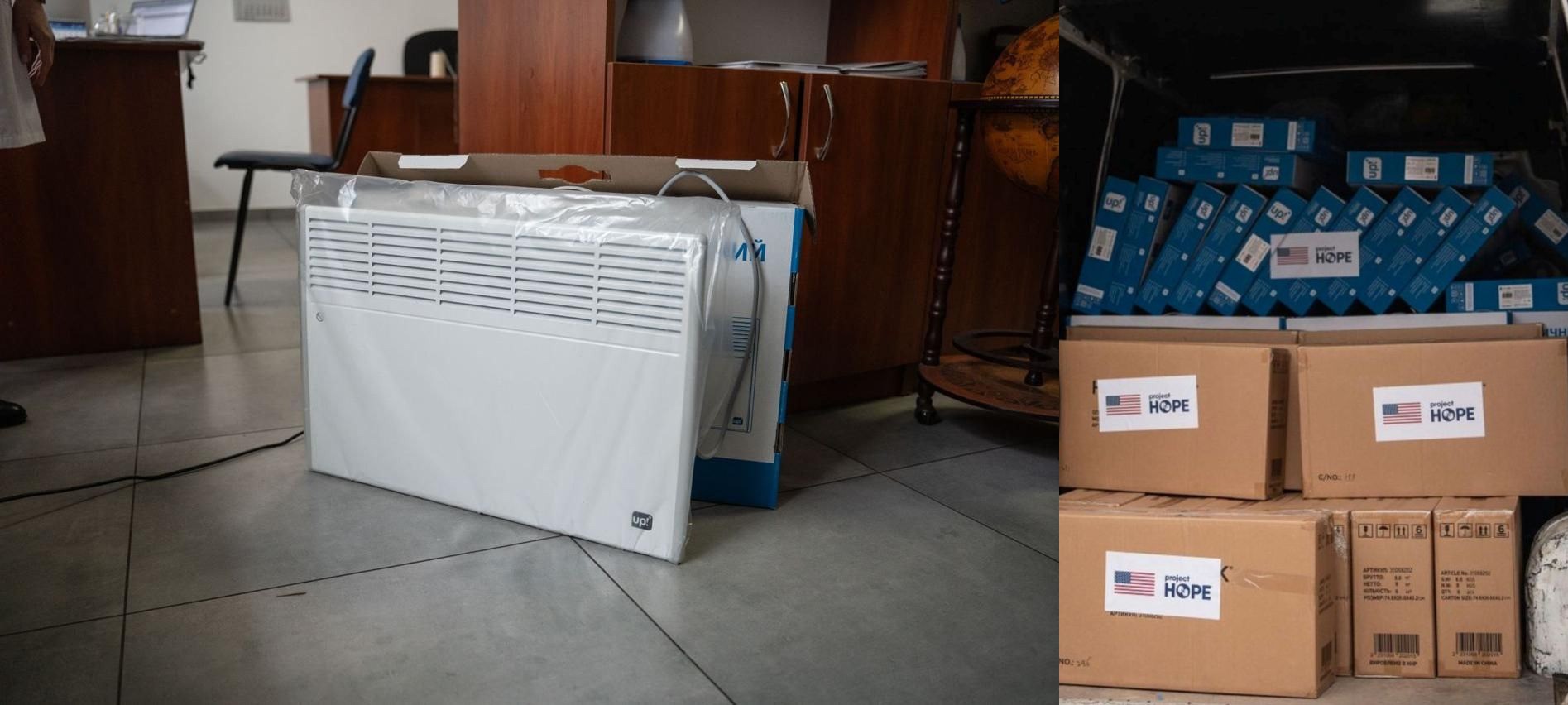 Колаж, що демонструє гуманітарну допомогу: на одній частині фото завантажений коробками багажник автомобіля, на іншій — розпакований білий електричний конвектор у приміщенні.