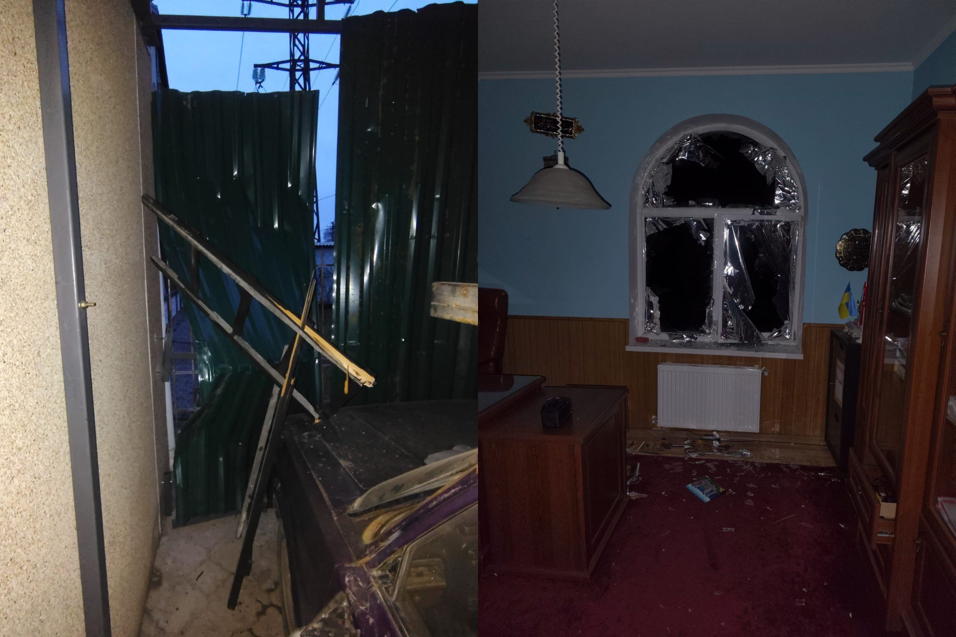 Колаж із двох фотографій, що зафіксували наслідки обстрілу: зліва — пошкоджений металевий паркан та уламки поруч із автомобілем, справа — інтер'єр кімнати з вибитим склом у вікні та розкиданими на підлозі речами.
