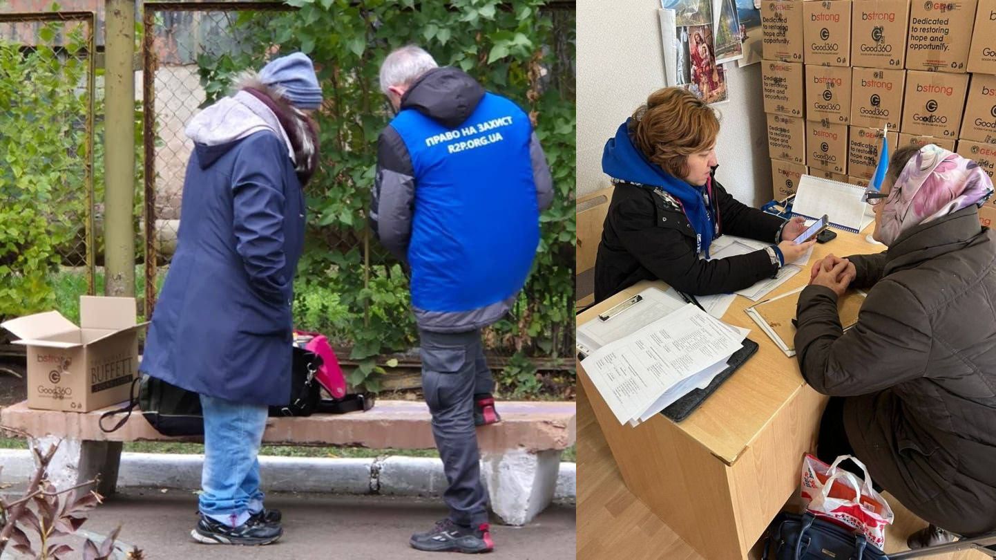 Колаж із двох знімків: ліворуч — двоє людей у вуличному одязі стоять біля лавки, чоловік у синьому жилеті зі словами 'ПРАВО НА ЗАХИСТ' і адресою вебсайту; праворуч — жінка сидить за столом, працюючи з документами та телефоном, спілкуючись зі старшою жінкою, а позаду них штабелі коробок з логотипами 'Good360' та 'bStrong'.