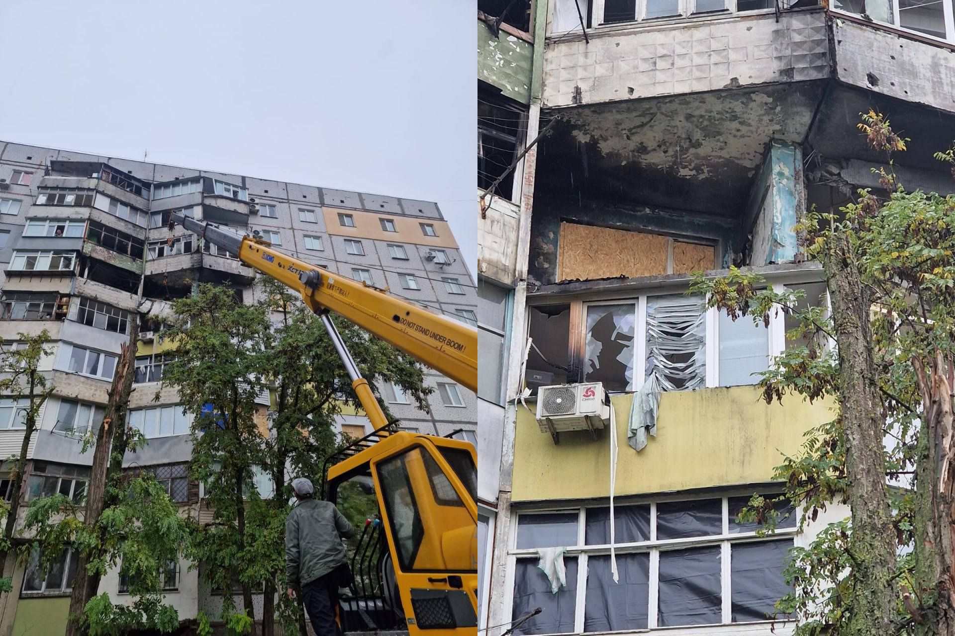  Ось альтернативний текст до зображення українською мовою:  Зображення-колаж, що показує наслідки руйнування багатоповерхового житлового будинку, імовірно, внаслідок обстрілу.  Ліва частина зображення: Жовтий будівельний кран (ймовірно, для висотних робіт або ремонту) піднято перед високим, пошкодженим житловим будинком. Видно чоловіка в захисному одязі, який стоїть на платформі або в кабіні крана. На задньому плані — сірий багатоповерховий житловий будинок із численними вікнами. Навколо багато зелені.  Права частина зображення: Макроплан пошкодженої частини житлового будинку. Видно обгорілий фасад, обвалені елементи балконів та зовнішньої стіни. Вікна розбиті, а одне вікно забите фанерою. Фасад має сліди кіптяви та руйнування.