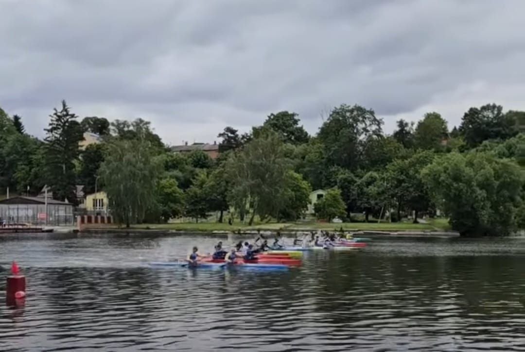 Спортивні змагання з веслування на байдарках і каное в розпалі. Група спортсменів у човнах різних кольорів (сині, червоні, жовті) динамічно рухається по водній гладі, залишаючи за собою білі шлейфи від води. На лівому березі видно суддівську вишку або стартову споруду, а задній план повністю заповнений густими зеленими деревами під похмурим, затягнутим сірими хмарами небом.