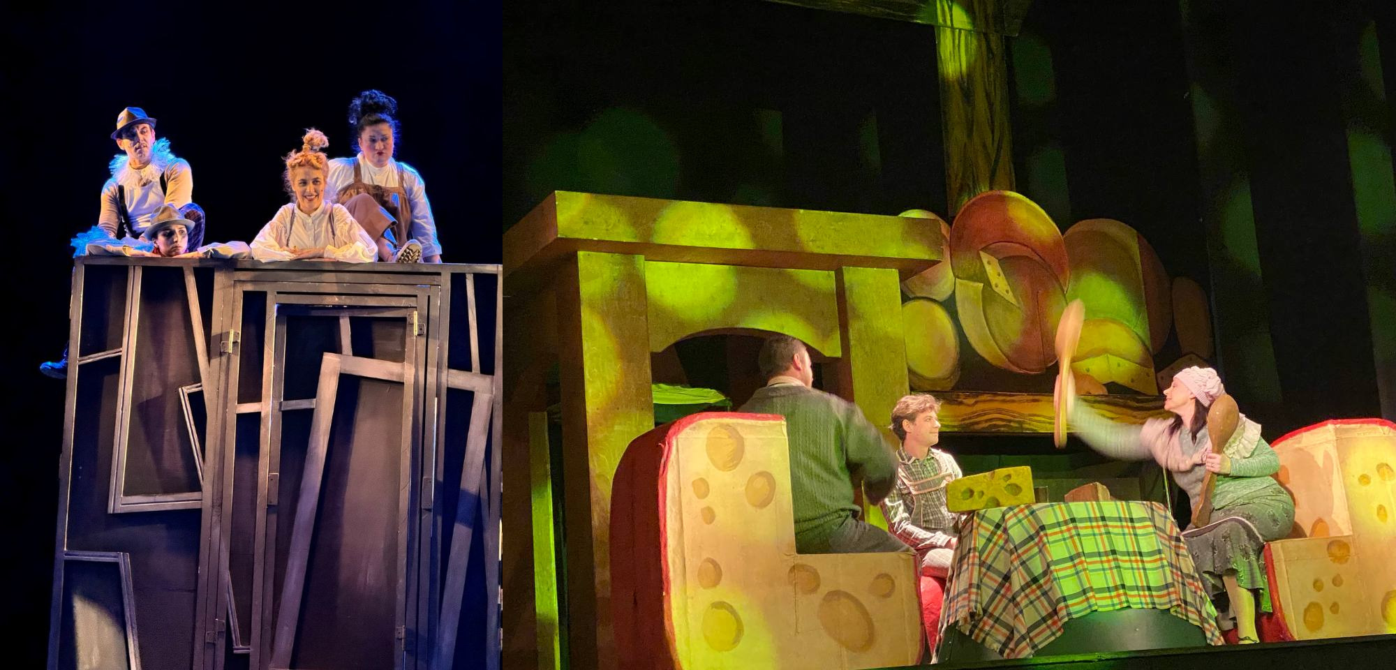 Колаж із двох театральних сцен: ліворуч актори у капелюхах на високій темній конструкції, праворуч — сцена з декораціями у вигляді великих шматків сиру та акторами в яскравому вбранні.