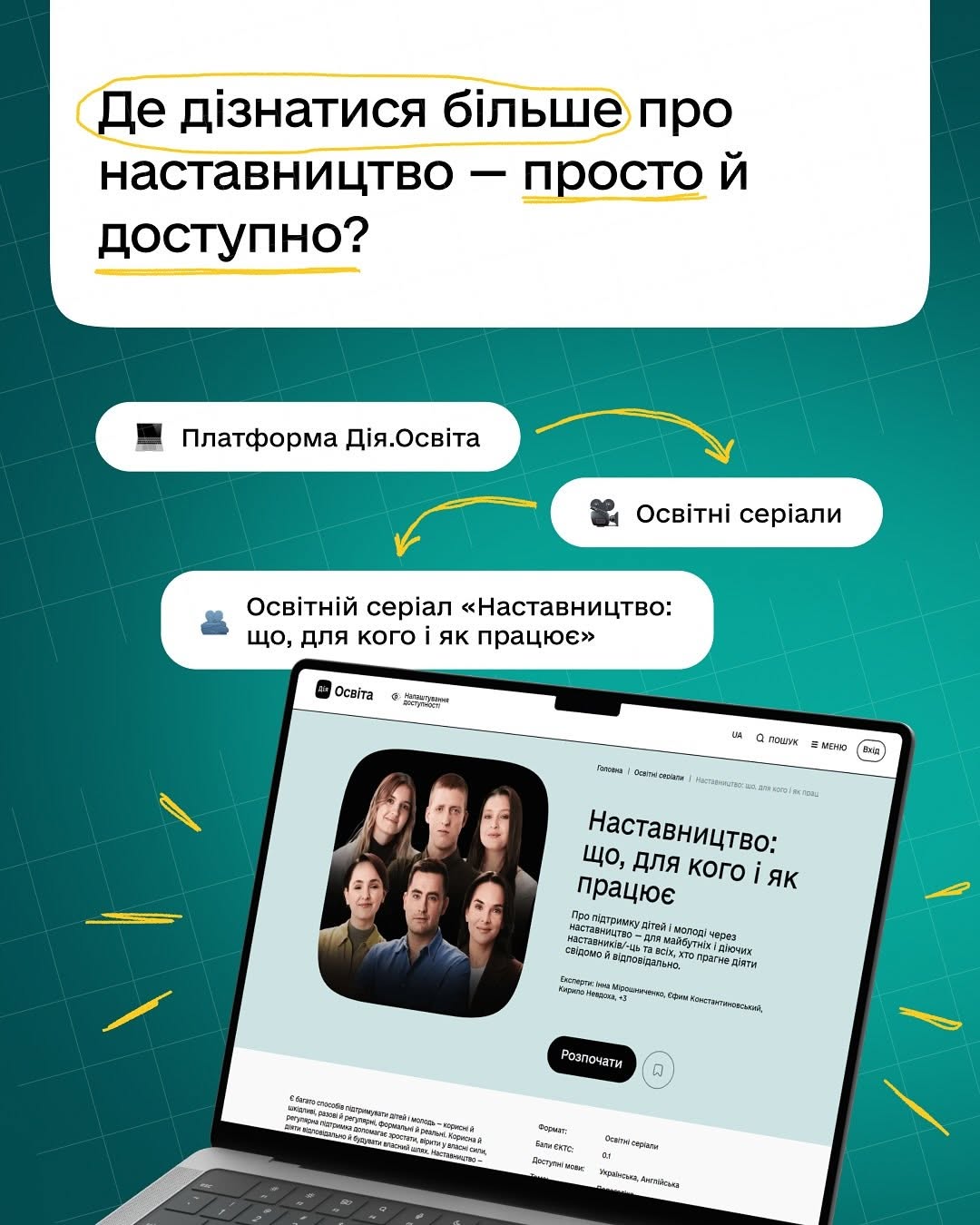 П'ята картка на темно-зеленому тлі, оформлена у вигляді схеми з покажчиками. Верхній заголовок на білій плашці: «Де дізнатися більше про наставництво — просто й доступно?». Жовті стрілки ведуть від однієї білої кнопки до іншої: спочатку «Платформа Дія.Освіта» (іконка ноутбука), далі «Освітні серіали» (іконка відеокамери), і зрештою — «Освітній серіал “Наставництво: що, для кого і як працює”» (іконка людей). Нижню частину картки займає велике зображення екрана ноутбука, на якому відкрито головну сторінку цього серіалу на порталі Дія.Освіта. На екрані видно обкладинку курсу з фотографією шістьох усміхнених людей (чоловіків та жінок), опис проєкту, імена експертів (Інна Мірошниченко, Єфим Константиновський, Кирило Невдоха) та чорну кнопку «Розпочати».