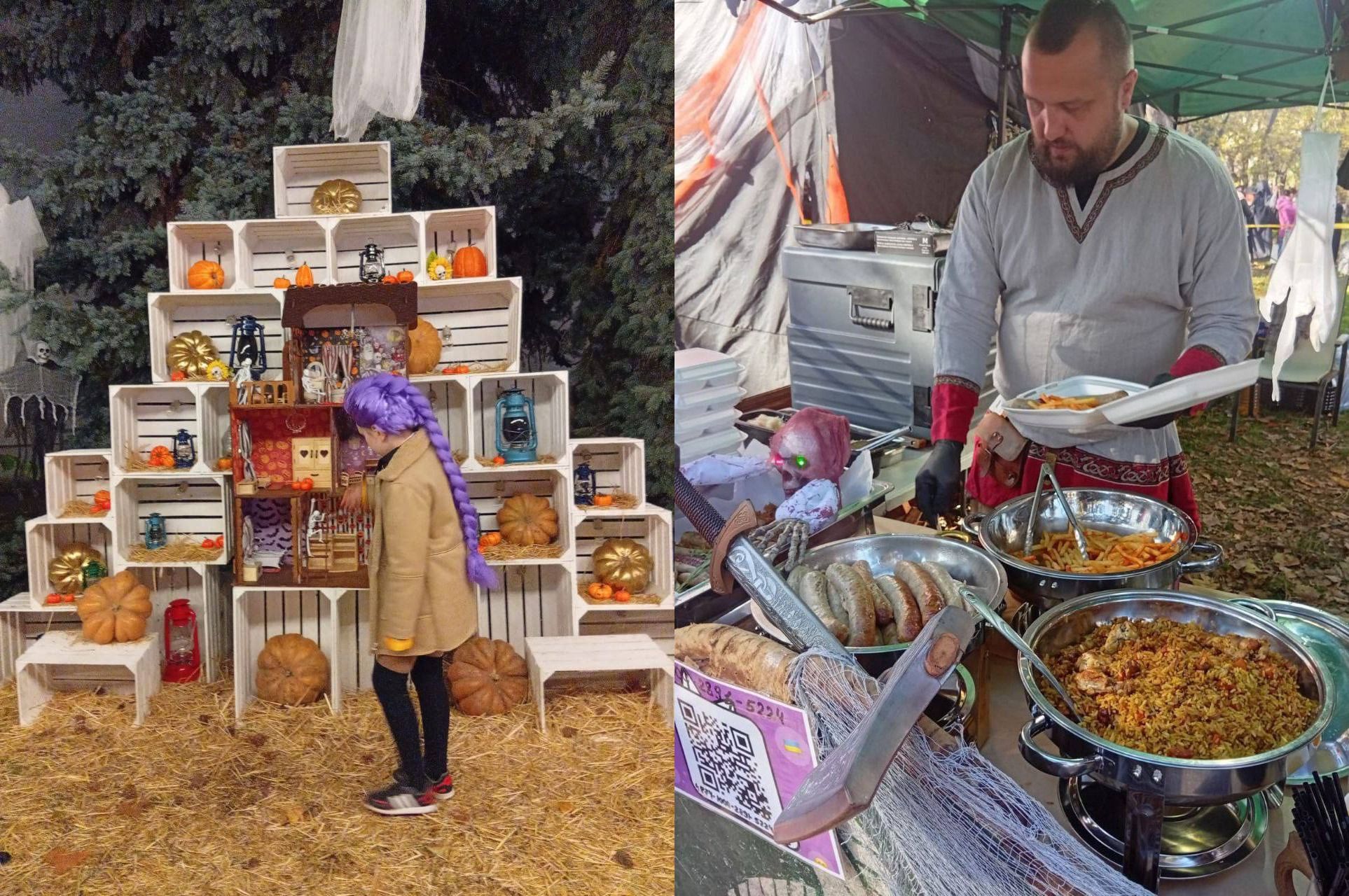 Здвоєне фото, присвячене Хелловіну. Ліворуч: дитина з фіолетовим волоссям стоїть біля декорації, складеної з білих дерев'яних ящиків, прикрашених гарбузами, ліхтарями та іншими осінніми або містичними елементами. Праворуч: Чоловік у світлій туніці та з бородою стоїть за столом із великими стравами, такими як плов, ковбаски та макарони, готуючи їжу на фестивалі, з тематичними прикрасами Хелловіну на передньому плані.