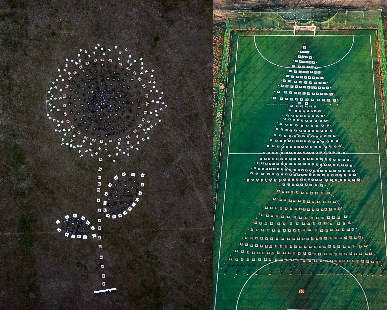 Колаж з двох аерофотознімків, що показують великі живі фігури, створені людьми на полі: (зліва) на темному ґрунті люди вишикувані у формі соняшника; (справа) на зеленому футбольному полі люди стоять у формі великої різдвяної ялинки.