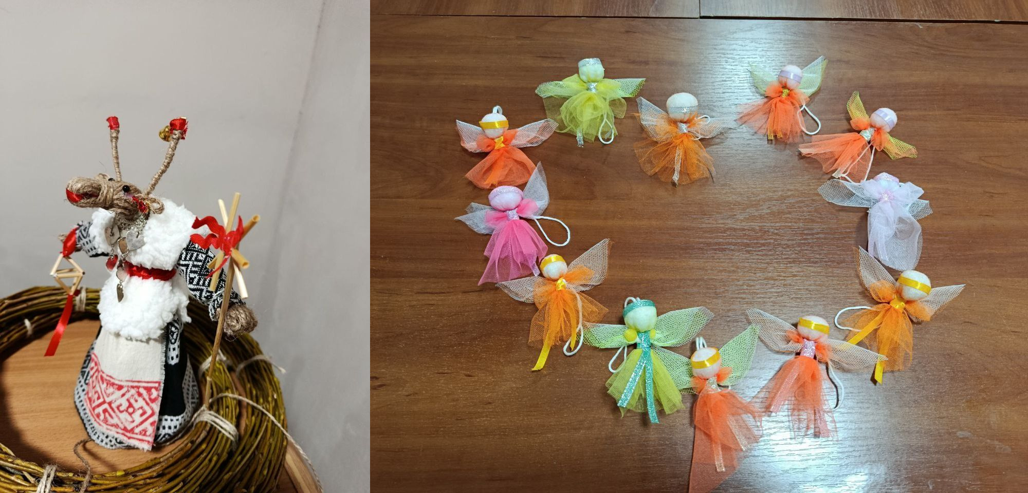 Колаж, що складається з двох частин: ліворуч — традиційна українська лялька-мотанка з елементами соломи та тканини, що стоїть на плетеному вінку. Праворуч — коло з десяти невеликих, різнокольорових фігурок янголів, зроблених з тканини (тюлю) та намистин, які лежать на дерев'яній поверхні.