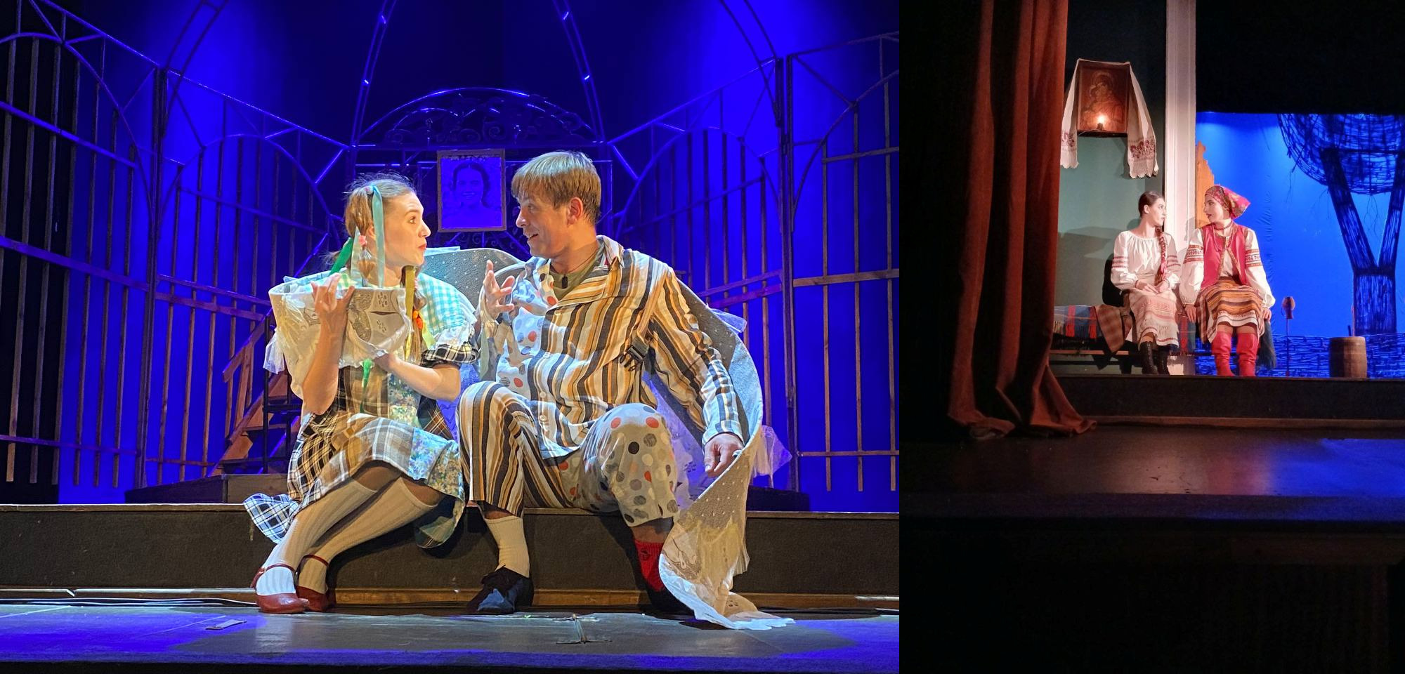 Два кадри з театральної вистави. На лівому кадрі молодий чоловік і жінка в піжамі та легкій сукні сидять на сцені з декораціями у вигляді клітки. На правому кадрі, за коричневою завісою, дві жінки у традиційних українських костюмах сидять на лавці.