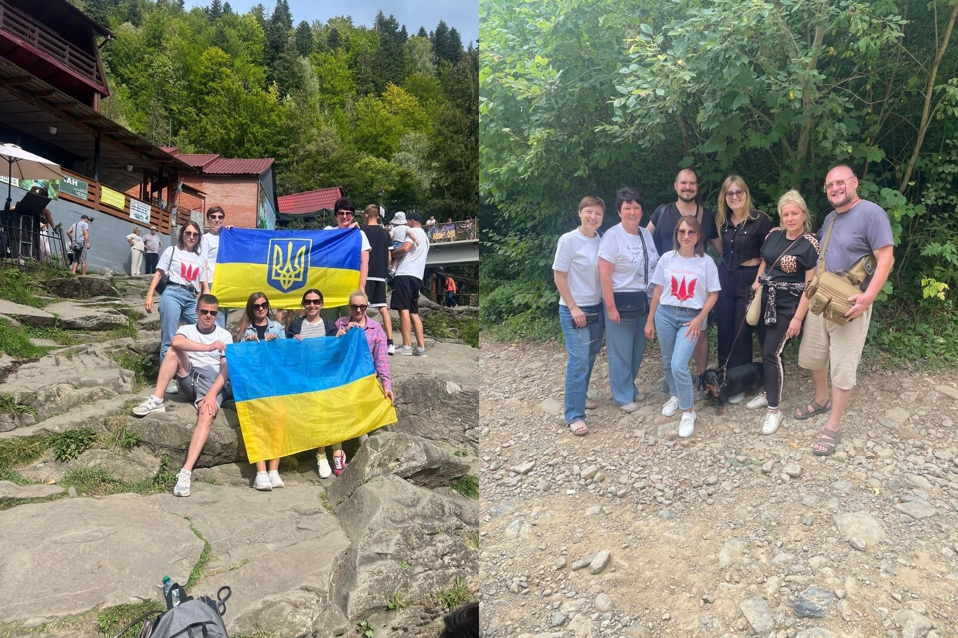 У межах культурно-просвітницького візиту, організованого Координаційним центром «Вільні разом» в Івано-Франківську, внутрішньо переміщені особи з Херсонщини відвідали місто Яремче. На фото колажу зафіксовано моменти цієї поїздки: ліворуч — херсонці (зокрема ветерани та учасники бойових дій) позирують на великих каменях біля водоспаду Пробій, тримаючи два державні прапори України (один із гербом); праворуч — учасники разом стоять на лісовій стежці на тлі густої карпатської зелені після прогулянки до вольєрного господарства та відпочинку на річці Прут.