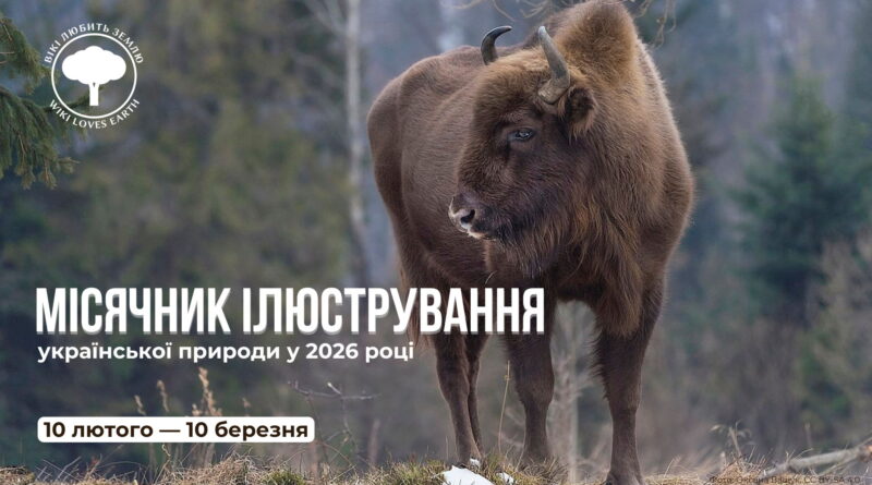 Банер «Місячник ілюстрування української природи» (10 лютого — 10 березня) із зображенням зубра на фоні лісу та логотипом «Вікі любить Землю».