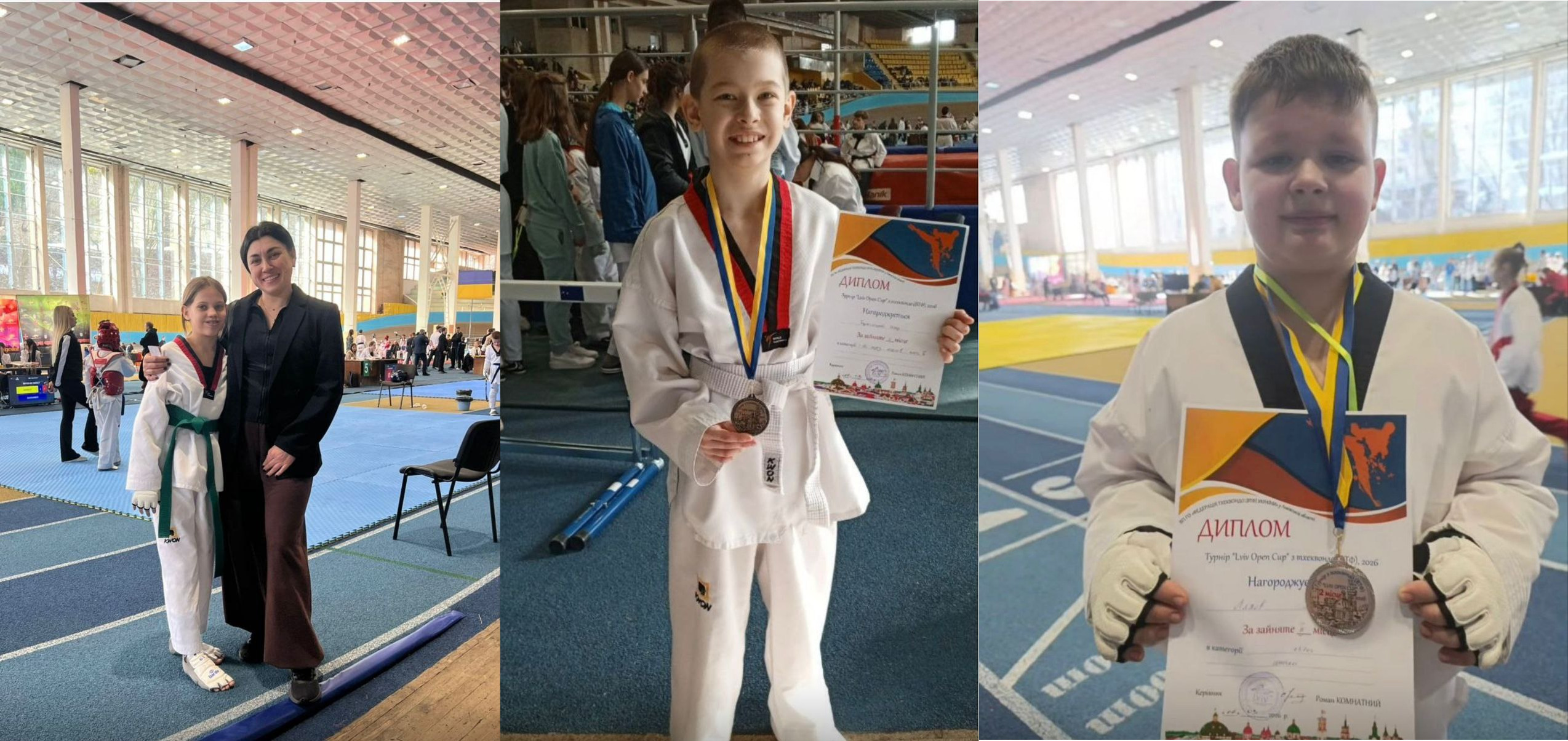 Колаж із трьох фото зі спортивного залу: зліва — жінка та дівчинка в кімоно, посередині та справа — хлопці у спортивній формі з медалями та дипломами в руках на фоні змагань.