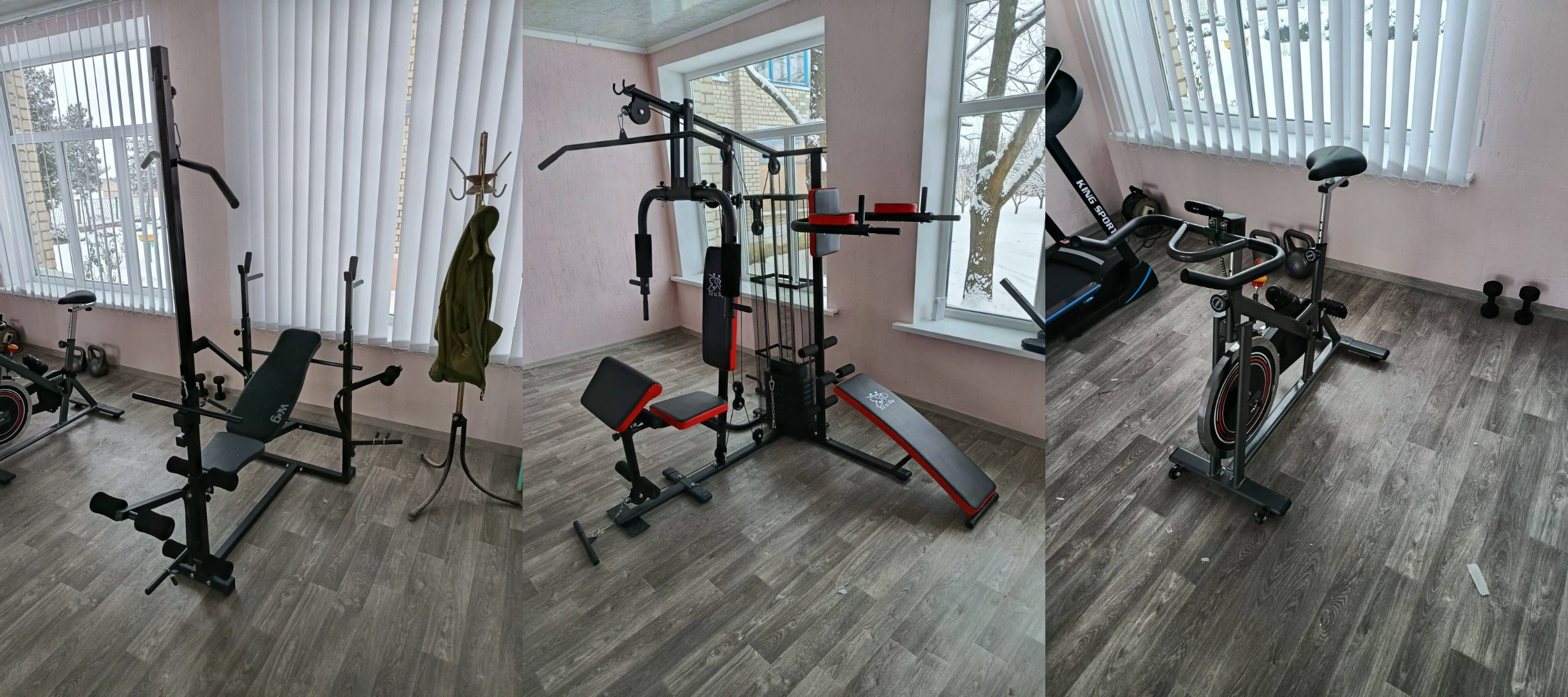 Три колажі з домашнім спортивним обладнанням: силова лава, багатофункціональний тренажер та велотренажер у світлій кімнаті з великими вікнами.