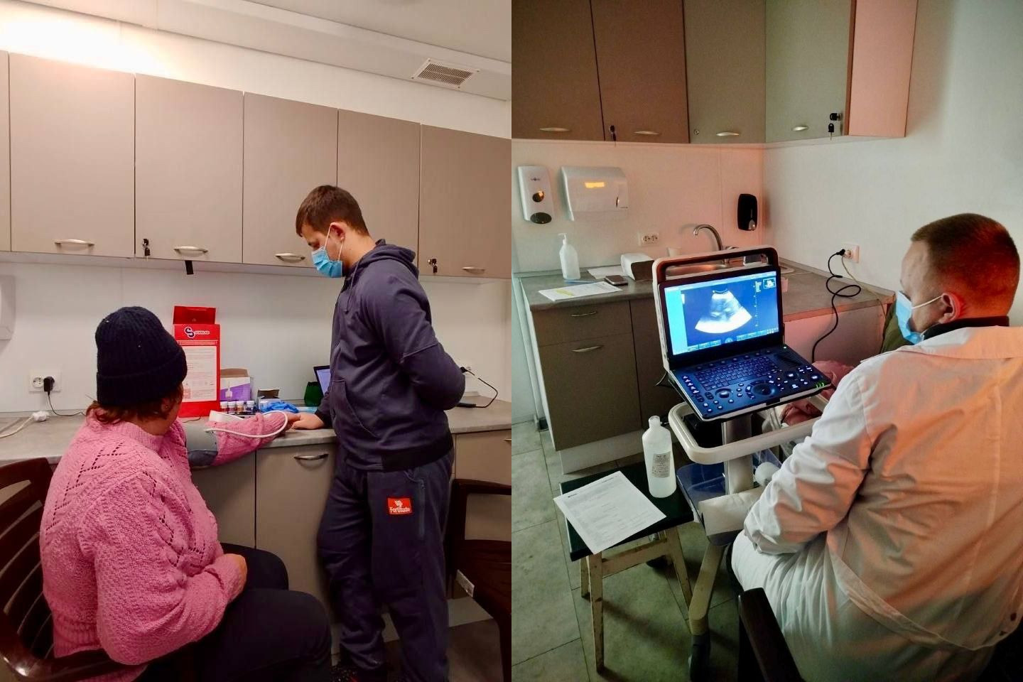 Колаж із двох світлин про медичне обстеження. На лівій частині медик вимірює тиск пацієнтці в рожевому светрі. На правій частині лікар у білому халаті проводить ультразвукове дослідження (УЗД), дивлячись на екран апарата.
