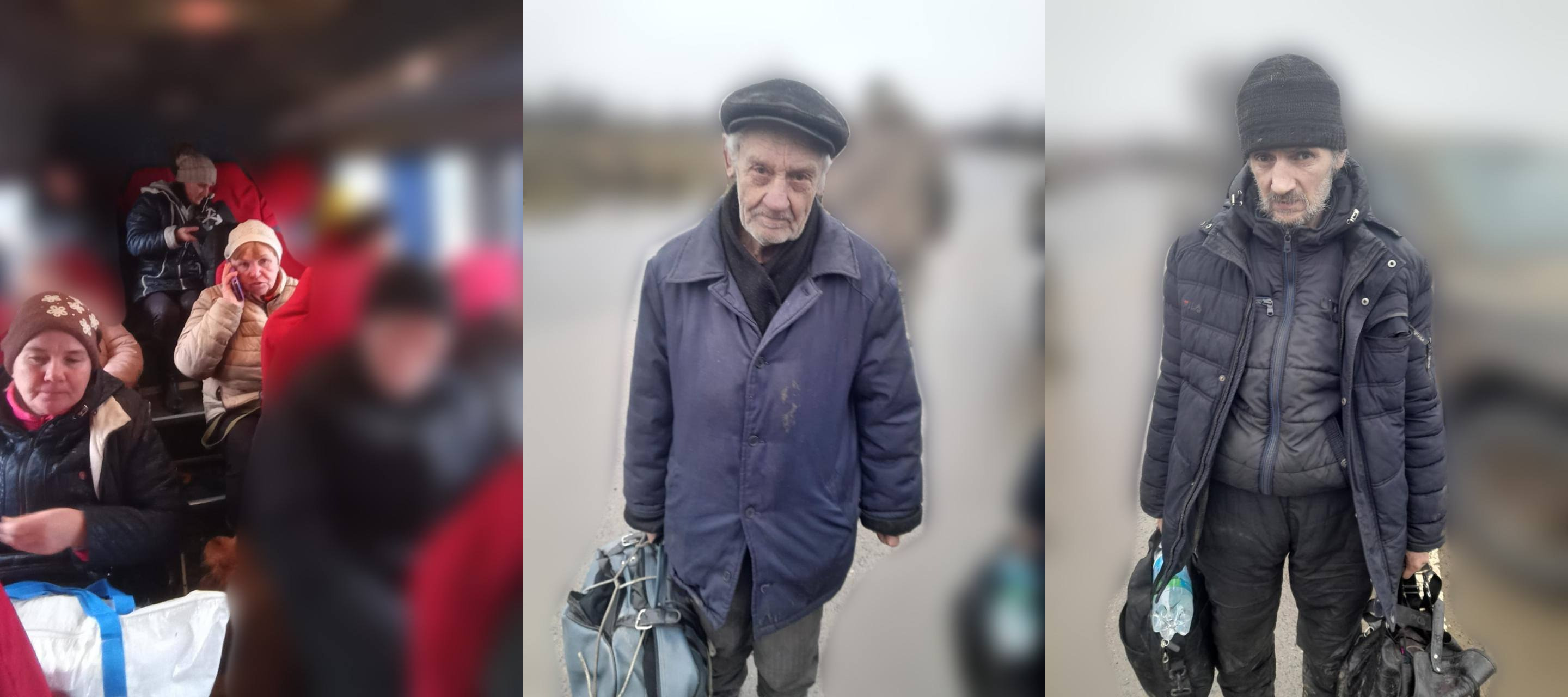 Три фото людей під час евакуації: пасажири в транспорті та чоловіки з дорожніми сумками на розмитій дорозі. Зображення передає атмосферу вимушеного переселення.