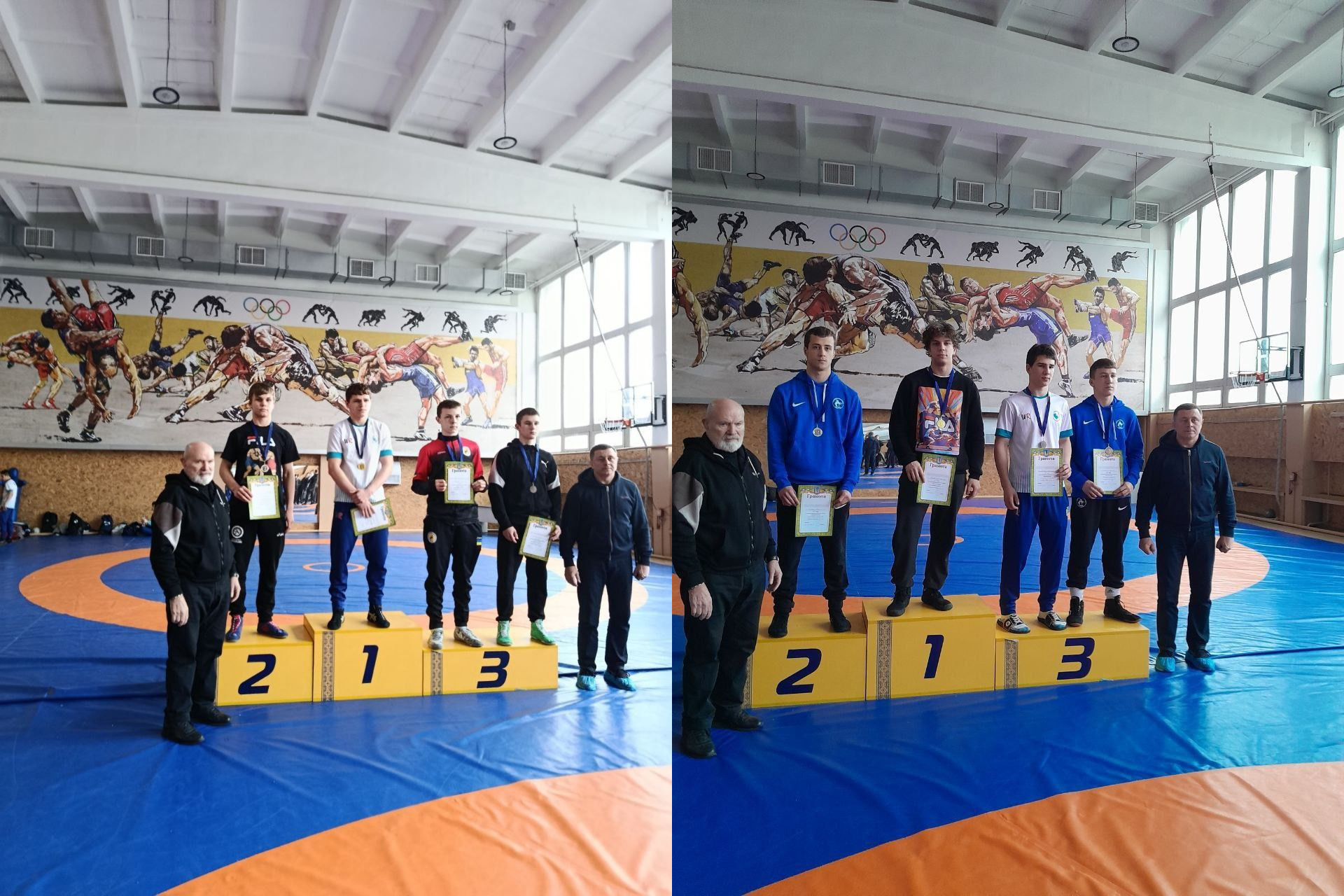 Колаж із двох фотографій, на яких зображені юні спортсмени на п'єдесталі пошани у спортивній залі. Переможці та призери змагань тримають у руках грамоти, а на їхніх шиях видно медалі. Поруч зі спортсменами стоять тренери або судді, а на фоні стіни розміщено велике тематичне панно із зображенням борців.