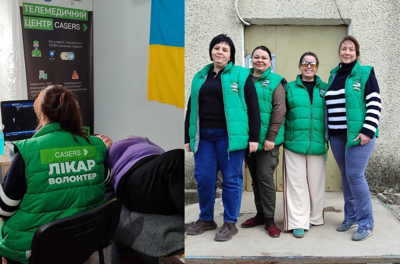 Колаж: медичний огляд пацієнтки в телемедичному центрі «CASERS» та четверо лікарок-волонтерів у зелених жилетах на фоні будівлі.