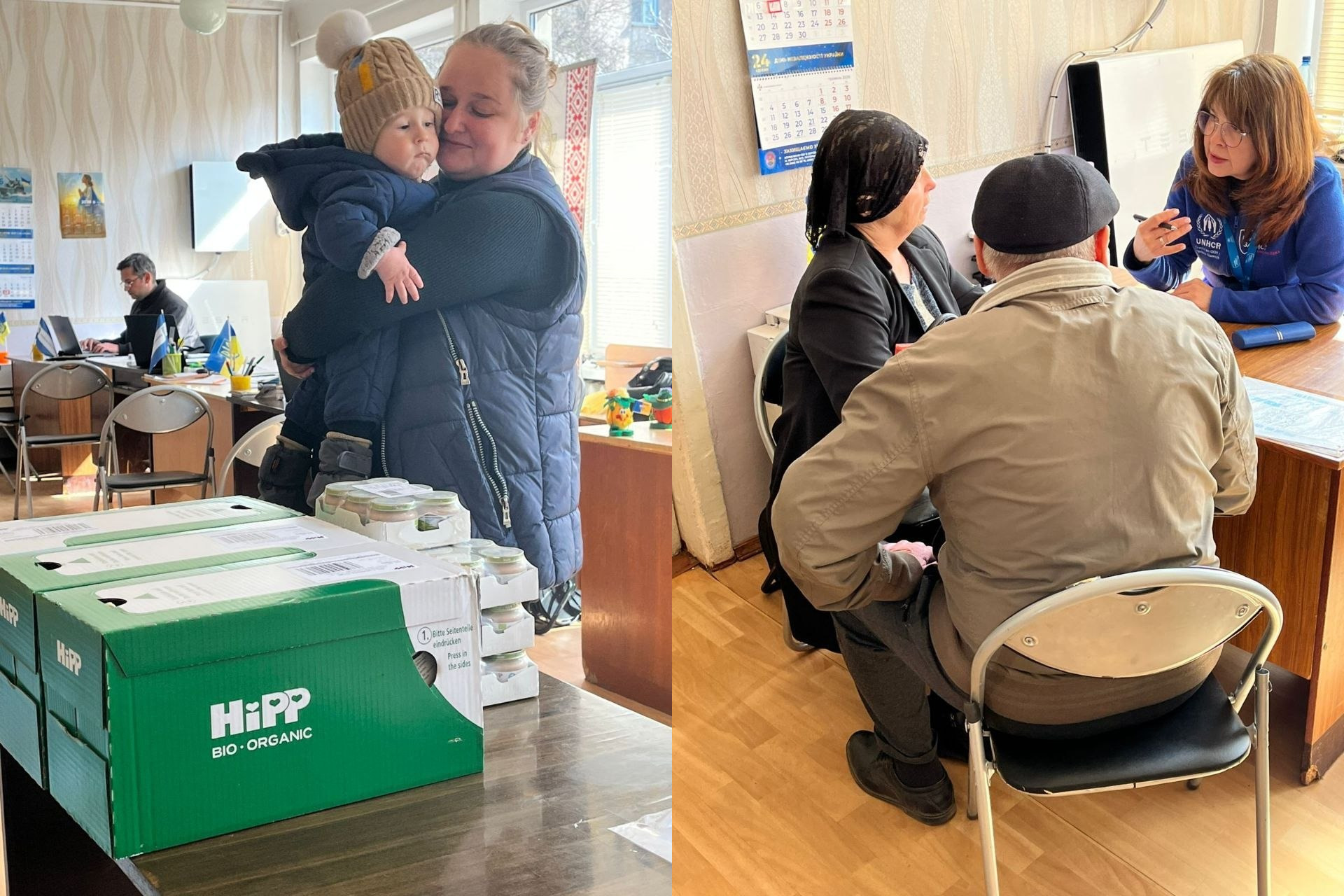 Колаж із двох фото: ліворуч — жінка з маленькою дитиною на руках біля коробки з гуманітарною допомогою (дитячим харчуванням); праворуч — представниця УВКБ ООН проводить консультацію для літнього подружжя в гуманітарному хабі.
