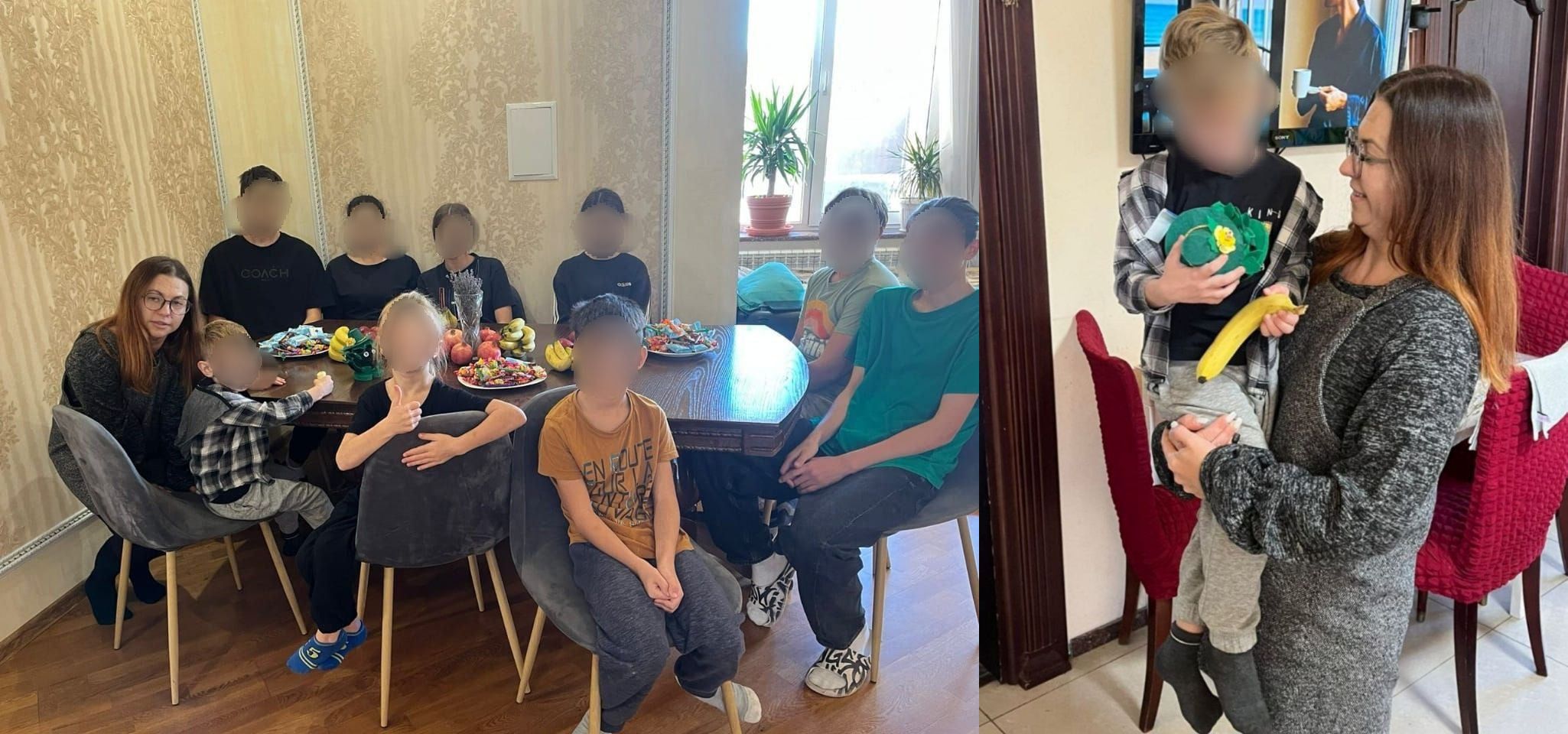 Зображення поділене на дві частини: ліворуч — жінка та група дітей сидять за обіднім столом із фруктами; праворуч — жінка тримає на руках маленького хлопчика, поруч стоїть старший хлопчик, усі в приміщенні з домашнім інтер'єром.