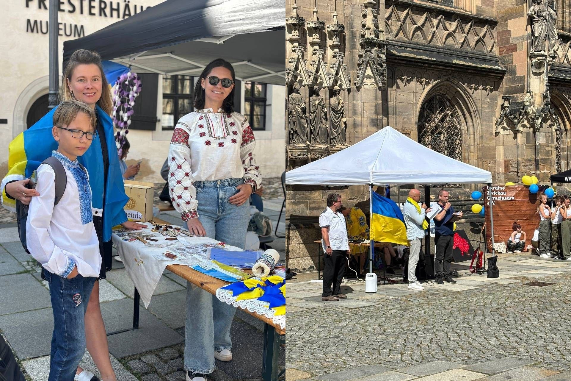 Колаж із фотографій святкування 35-ї річниці Незалежності України вихідцями з Верхньорогачицької громади в евакуації: ліворуч — жінка з хлопчиком у вишиванці, загорнуті в український прапор, та дівчина біля столу з виставкою-продажем сувенірів; праворуч — виступ організаторів під білим тентом біля стін історичного собору.