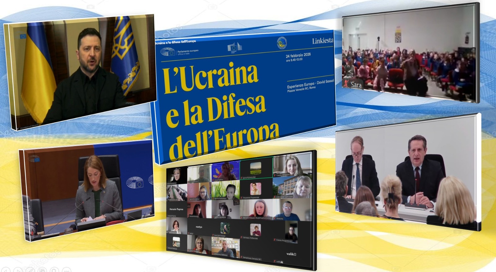 Колаж із шести скриншотів онлайн-конференції під назвою «Україна та оборона Європи». На кадрах зображені виступи офіційних осіб на фоні державних прапорів, робочі моменти засідань, аудиторія слухачів та панель із багатьма учасниками відеозв'язку.