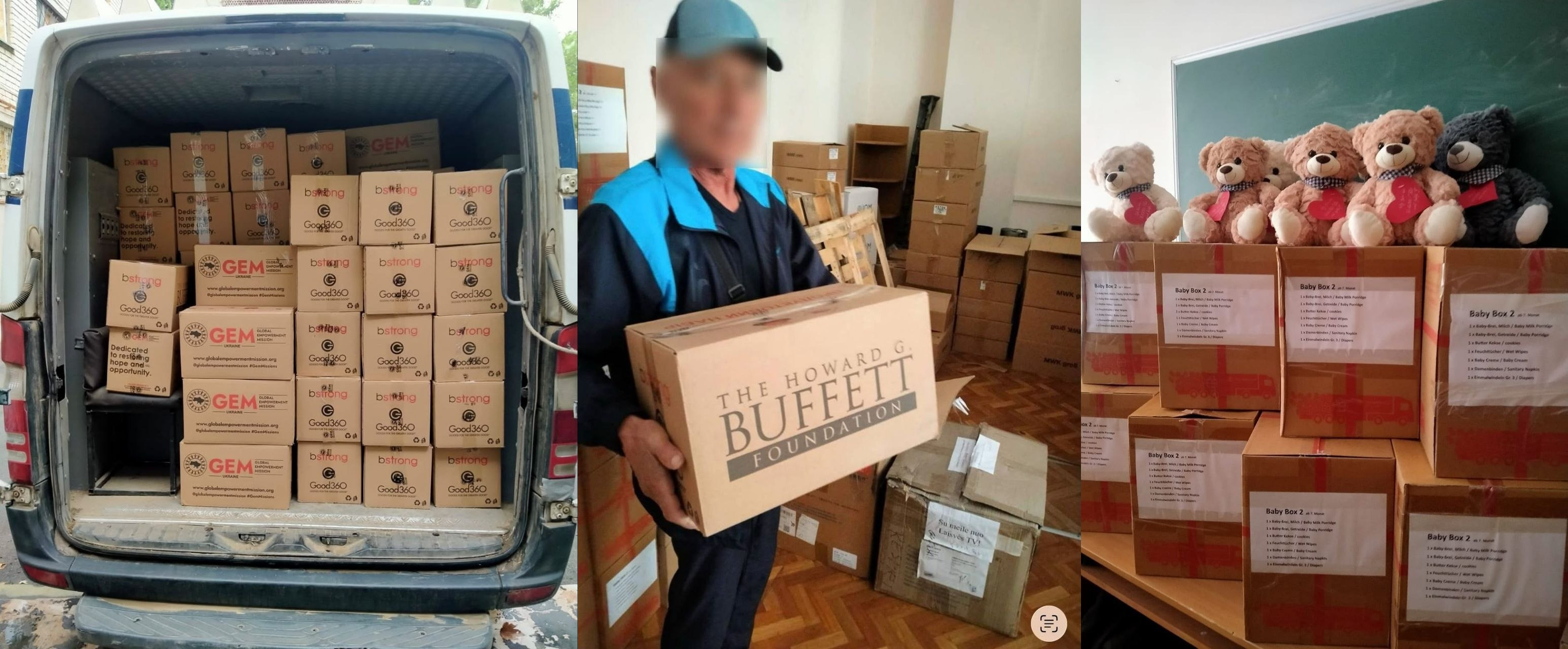 На лівому знімку зображено відкритий багажник білого вантажного мікроавтобуса, повністю заповнений акуратно складеними картонними коробками з написами «GEM» та «Good360». На центральному фото чоловік із затушованим з міркувань безпеки обличчям, одягнений у чорно-синю куртку та кепку, тримає в руках велику картонну коробку з логотипом «THE HOWARD G. BUFFETT FOUNDATION» на тлі складу з іншими пакунками. На правому знімку в кабінеті біля шкільної дошки зафіксовано ряди картонних боксів із наклеєними паперовими переліками вмісту з написами «Baby Box 2», на яких зверху вишикувалися п'ять м'яких плюшевих ведмедиків світло-коричневого, рожевого та сірого кольорів із червоними сердечками.