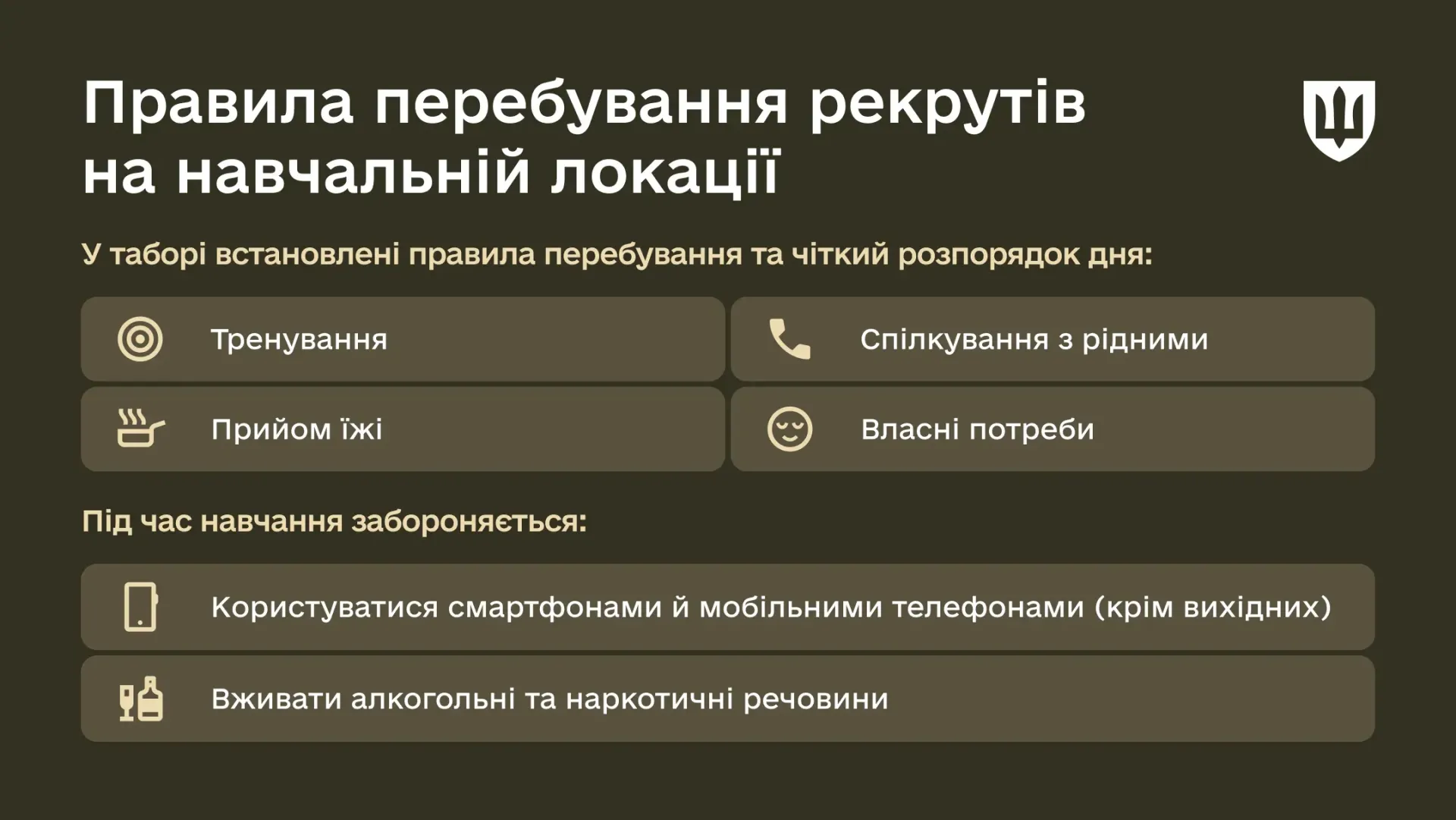Текст, що описує правила перебування та чіткий розпорядок дня для рекрутів на навчальній локації, який включає: Тренування, Прийом їжі, Спілкування з рідними та Власні потреби. Під час навчання забороняється: користуватися смартфонами й мобільними телефонами (крім вихідних) та вживати алкогольні й наркотичні речовини.