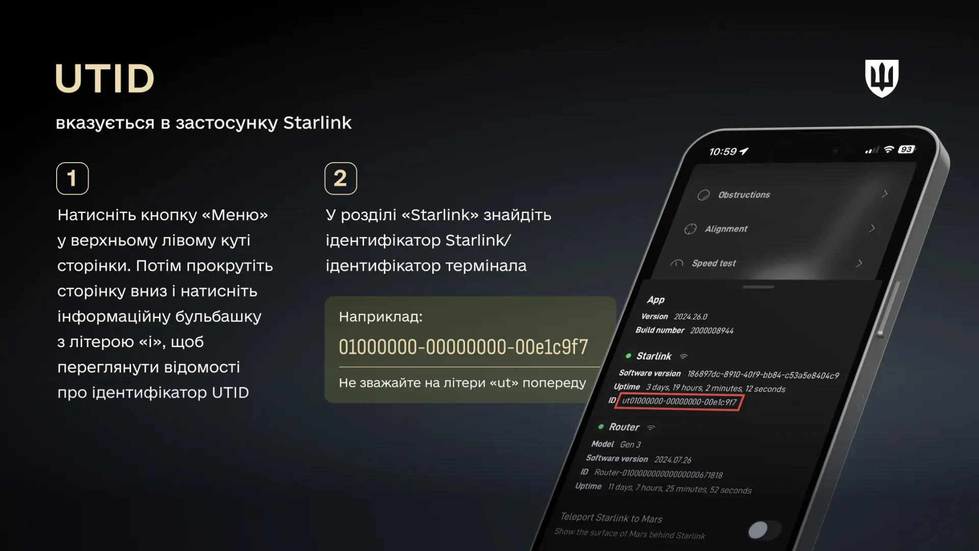 Інфографіка про пошук KIT-номера на транспортній етикетці коробки Starlink із прикладом формату номера.