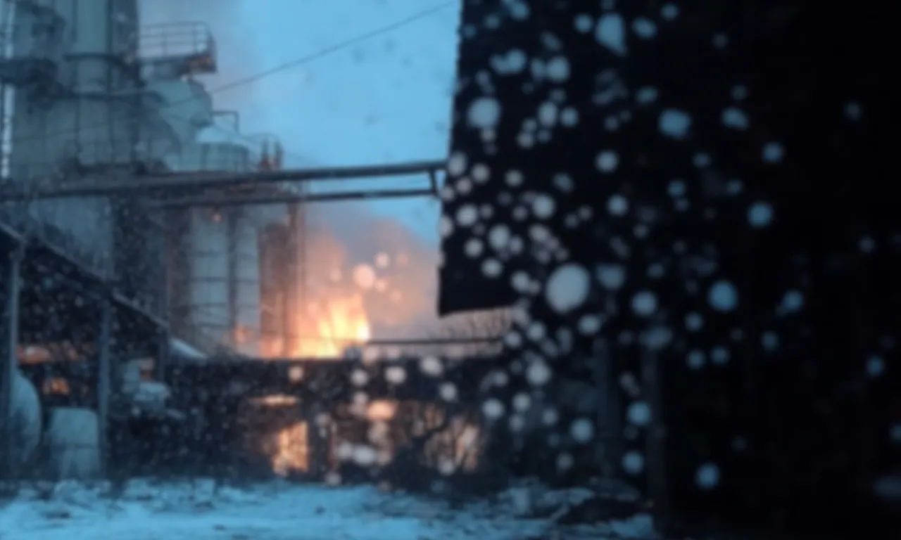 Промисловий об'єкт у зимовий час, де на фоні засніженої території та металевих конструкцій видно яскраве полум'я від пожежі.