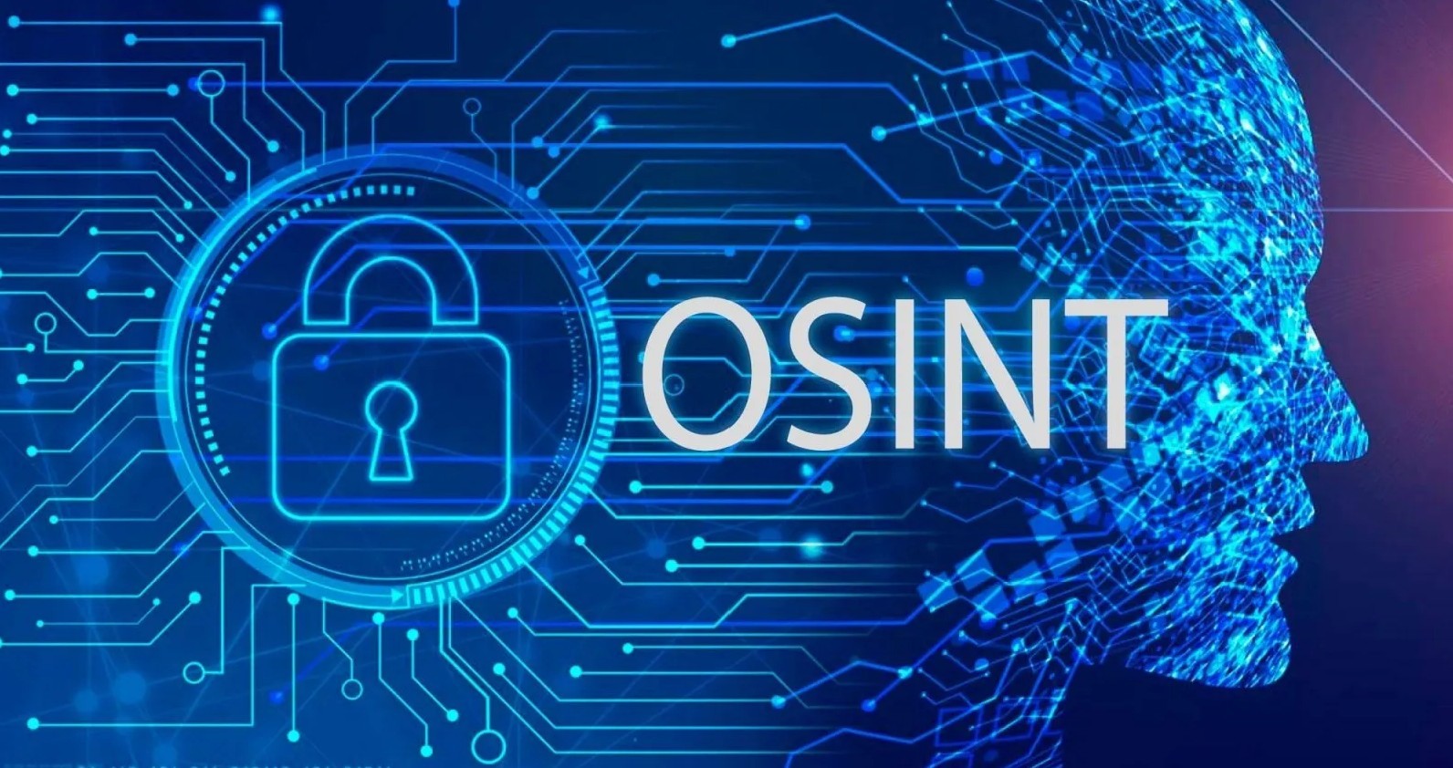 Напис «OSINT» на фоні цифрової схеми та іконки замка, що символізують аналіз відкритих даних і кібербезпеку.