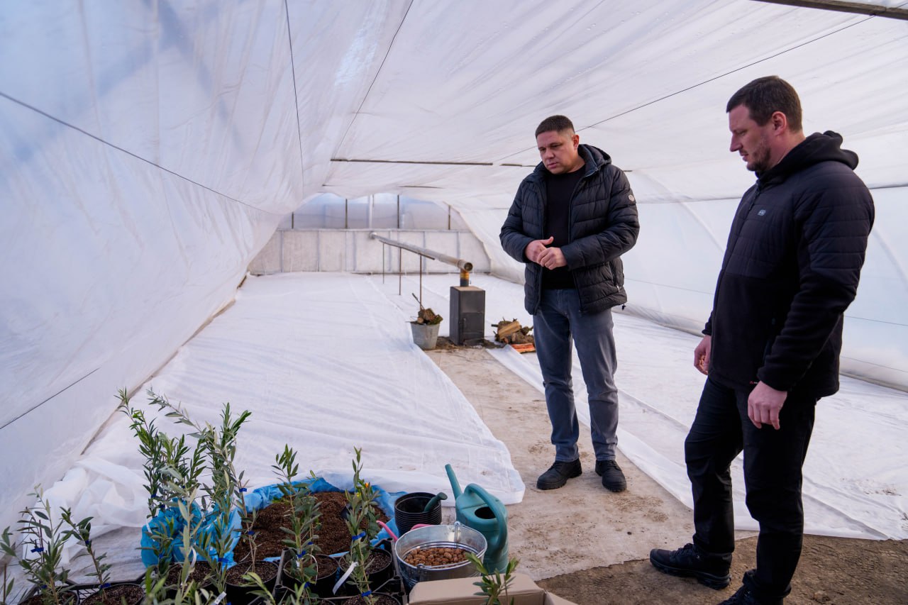 Двоє чоловіків у темному верхньому одязі знаходяться всередині світлої теплиці. Вони стоять поруч із молодими саджанцями в горщиках, що розставлені на білому покритті підлоги разом з лійкою та відром. На задньому плані видно металеву піч із димарем, дрова у відрі та садовий інвентар.