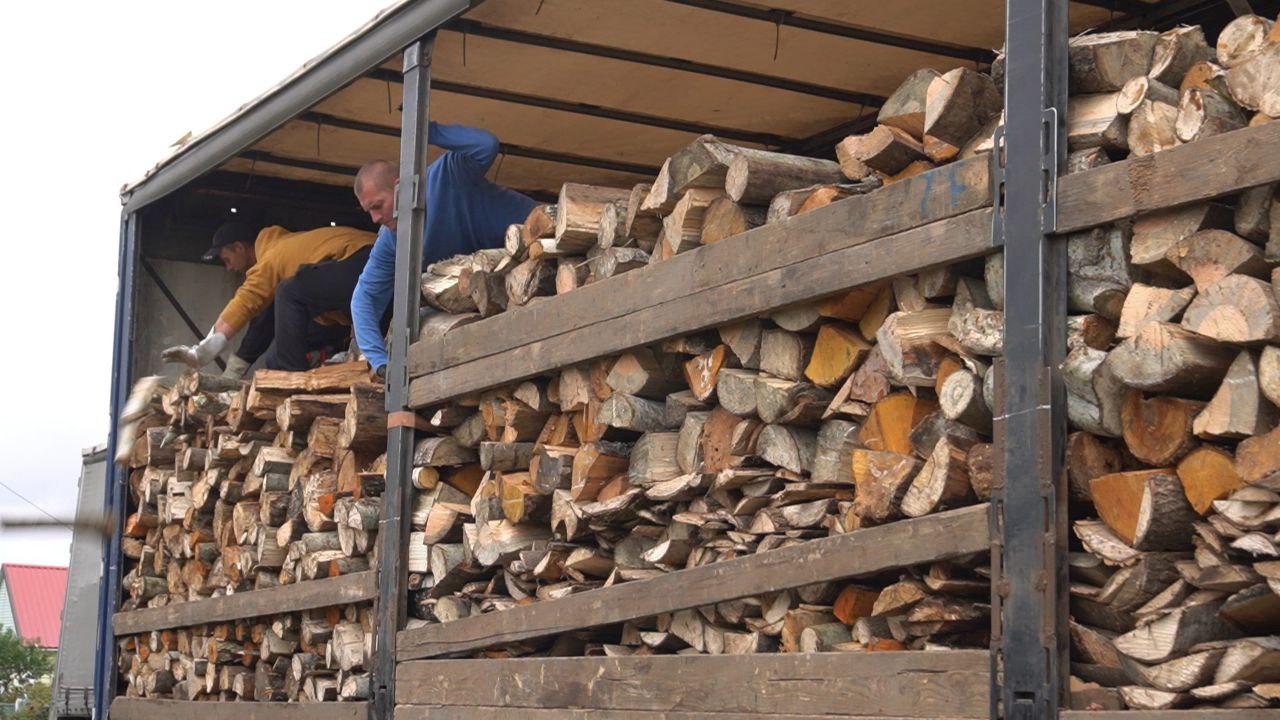 Зображення демонструє вантажний автомобіль із причепом, заповнений колотими дровами. Кузов вантажівки має високі дерев'яні борти, які використовуються для утримання великої кількості деревини.  Дрова, переважно світлих порід, щільно складені горизонтальними рядами.  На верхній частині вантажу, намагаючись або укласти, або вивантажити дрова, знаходяться двоє чоловіків:  Чоловік у жовтій куртці та чорній кепці сидить на дровах ліворуч, простягнувши руки до деревини.  Чоловік у яскраво-синій кофті лежить на животі на верхньому шарі дров, простягнувши руку вперед.  Дія, ймовірно, відбувається на вулиці, на задньому плані видно частину будівлі (можливо, з червоним дахом). Зображення фіксує робочий процес завантаження/розвантаження паливної деревини.