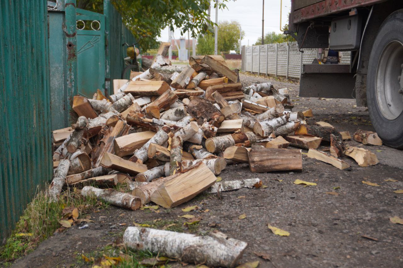 Зображення демонструє велику купу свіжоколотих дров на асфальтованій або ґрунтовій дорозі біля паркану.  Дрова складаються з колод різного розміру та породи, багато з яких — березові, що видно по білій корі. Вони безладно насипані на землю.  Ліворуч розташовані високі металеві ворота/паркан темно-зеленого кольору. Праворуч видно частину колеса та чорного крила вантажівки, яка, ймовірно, доставила ці дрова.  На задньому плані простягається сірий бетонний або цегляний паркан уздовж вулиці, а за ним видно дерева та невисокі будівлі. Зображення фіксує факт доставлення паливної деревини.