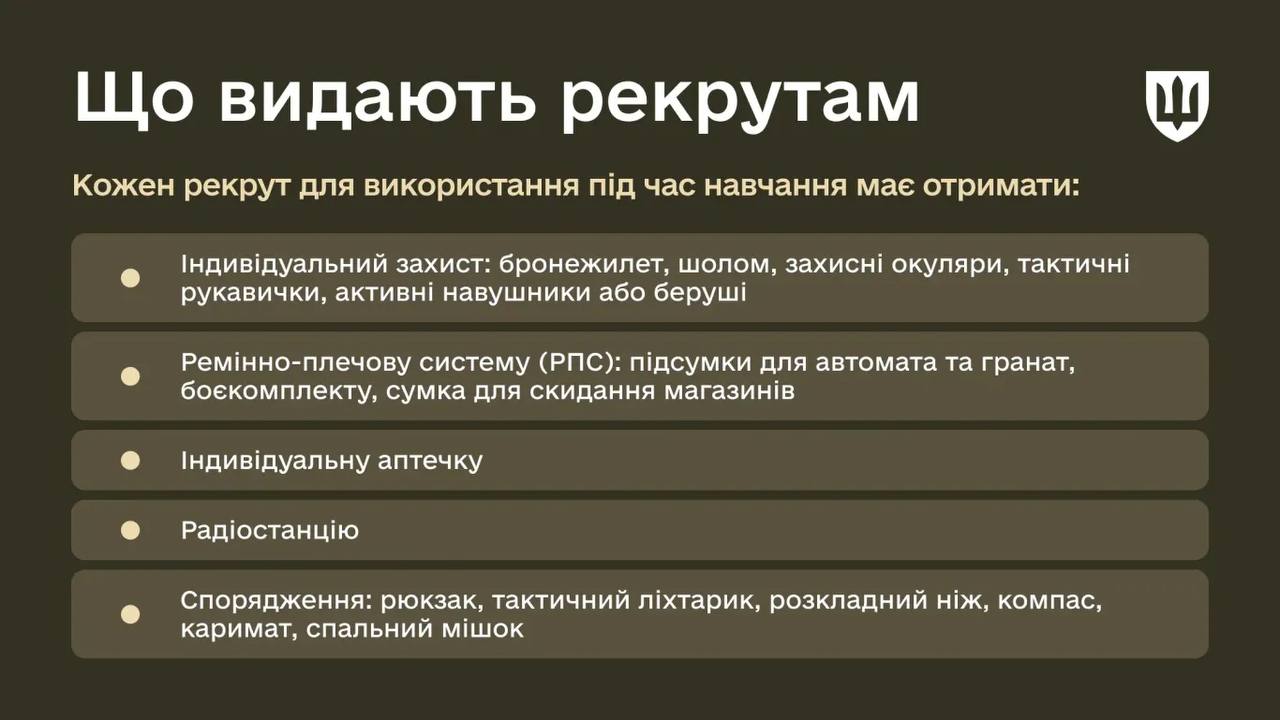 Список спорядження, яке отримує кожен рекрут під час БЗВП. Він включає: Індивідуальний захист (бронежилет, шолом, захисні окуляри, тактичні рукавички, активні навушники або беруші), Ремінно-плечову систему (РПС) з підсумками та сумкою для скидання магазинів, Індивідуальну аптечку, Радіостанцію, та Спорядження (рюкзак, тактичний ліхтарик, розкладний ніж, компас, каримат, спальний мішок).