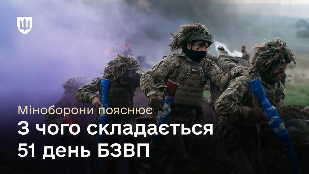 Фотографія: троє військовослужбовців у повному спорядженні, шоломах і з затемненими обличчями беруть участь у тренуванні на димному полігоні, на фоні військових. Текст на зображенні: Міноборони пояснює З чого складається 51 день БЗВП.