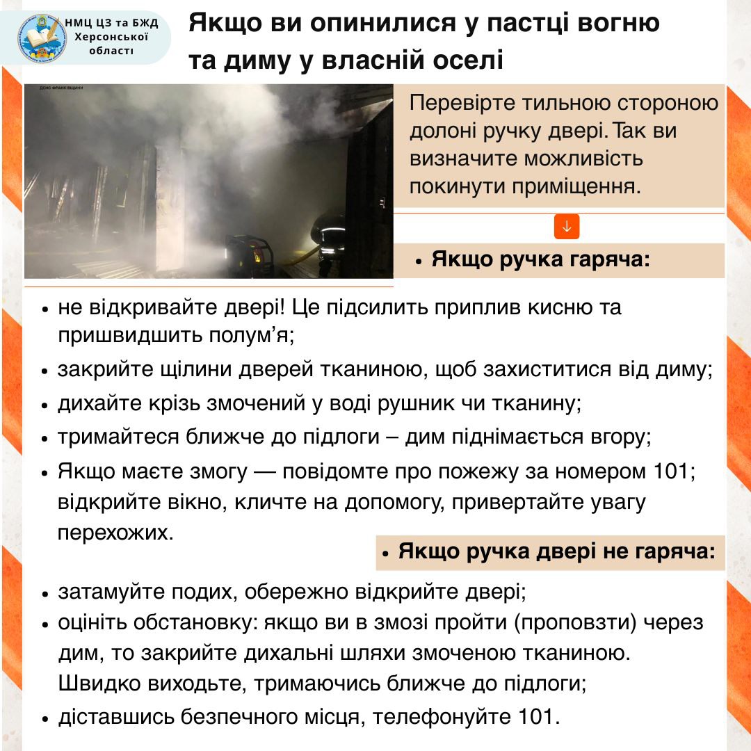 Інфографіка: Якщо ви опинилися у пастці вогню та диму у власній оселі. Ілюстрація показує людину, що в задимленому приміщенні перевіряє двері. Текст містить інструкції щодо перевірки ручки дверей тильною стороною долоні та окремі рекомендації, якщо ручка гаряча (не відкривати, закрити щілини тканиною, дихати через змочений рушник, триматися підлоги, викликати 101) та якщо ручка не гаряча (затамувати подих, обережно відкрити, швидко вийти, тримаючись підлоги, викликати 101).